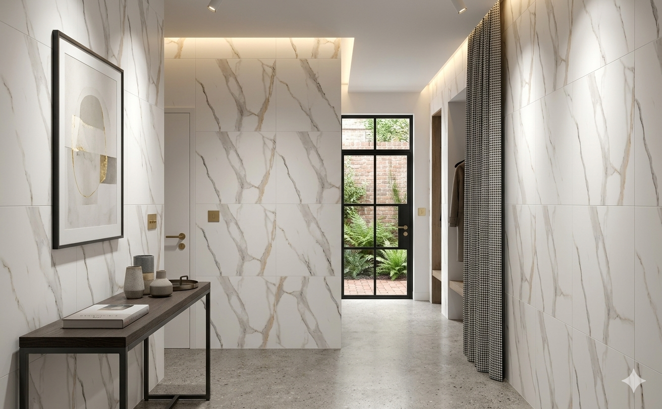 Calcutta Gold matt white marble effect porcelain wall and floor tiles with elegant gold veining.