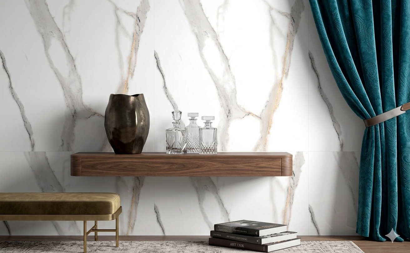 Calcutta Gold porcelain wall and floor tiles with matt marble effect and gold veining.
