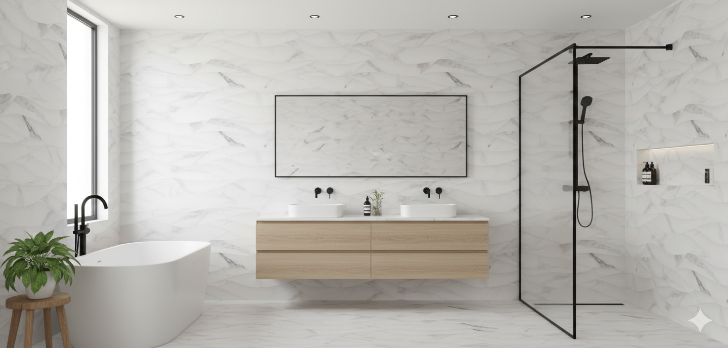 Porcelain wall and floor tiles with Carrara white marble effect and glossy finish.