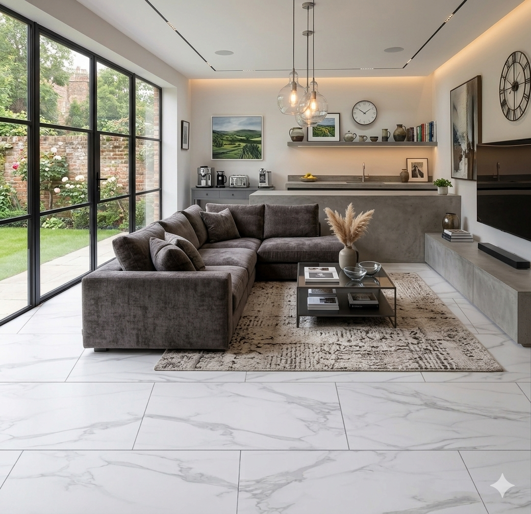 Carrara White Marble LVT SPC Flooring with elegant stone effect and pre-grouted premium design