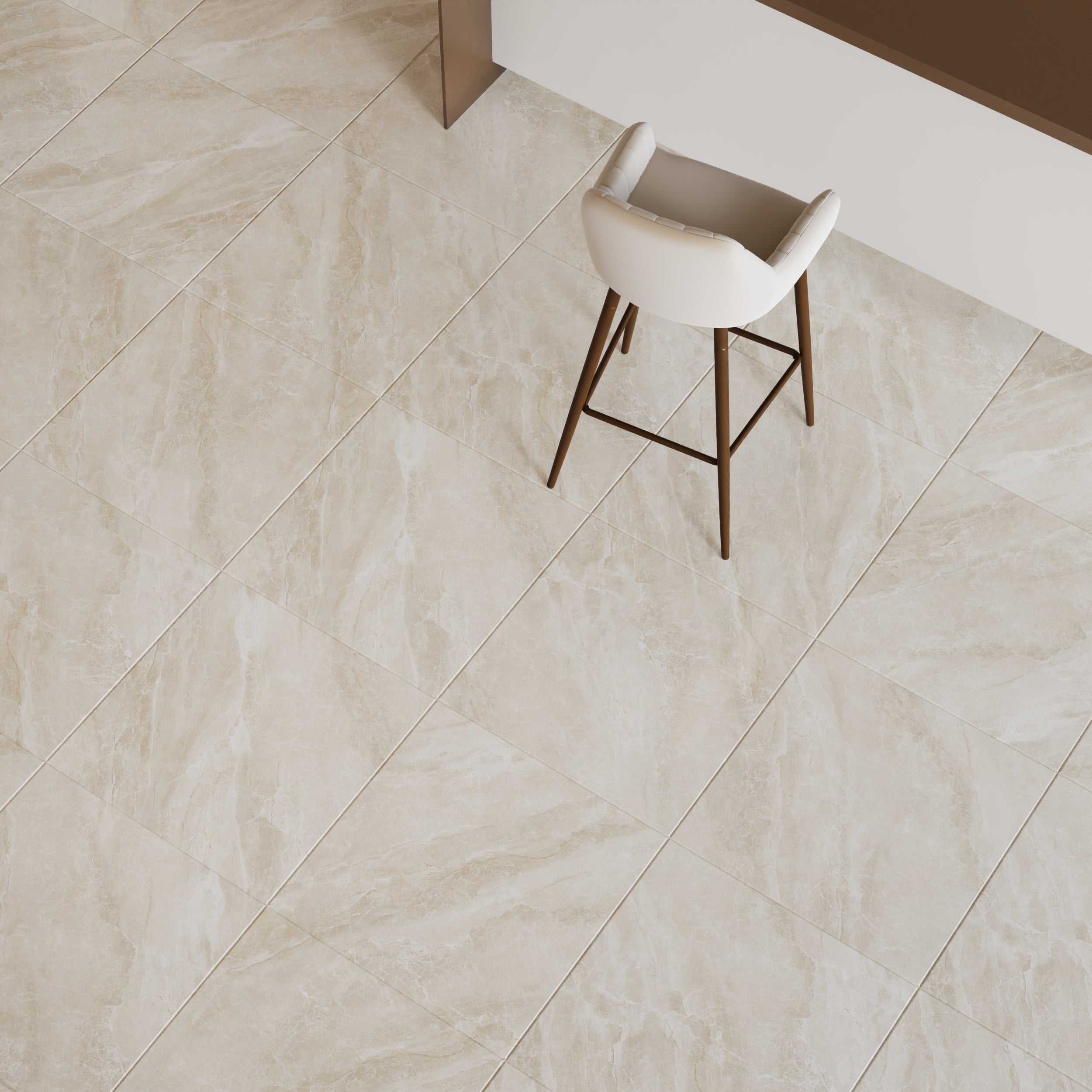 Glossy Cashmere Crema Floor Tiles reflecting light for airy, bright bathroom and kitchen spaces.