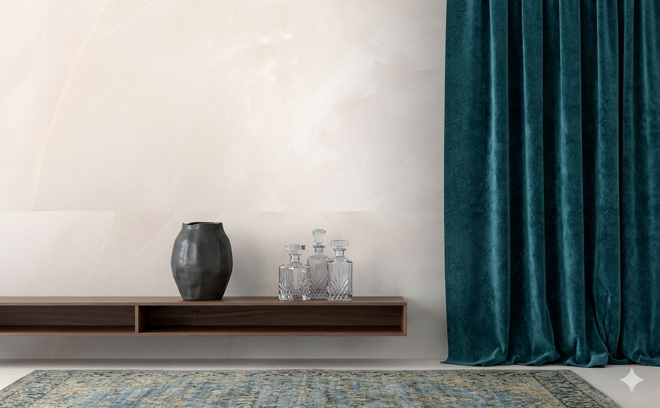 Cloud Onyx Bianco porcelain wall and floor tiles with glossy white marble effect.