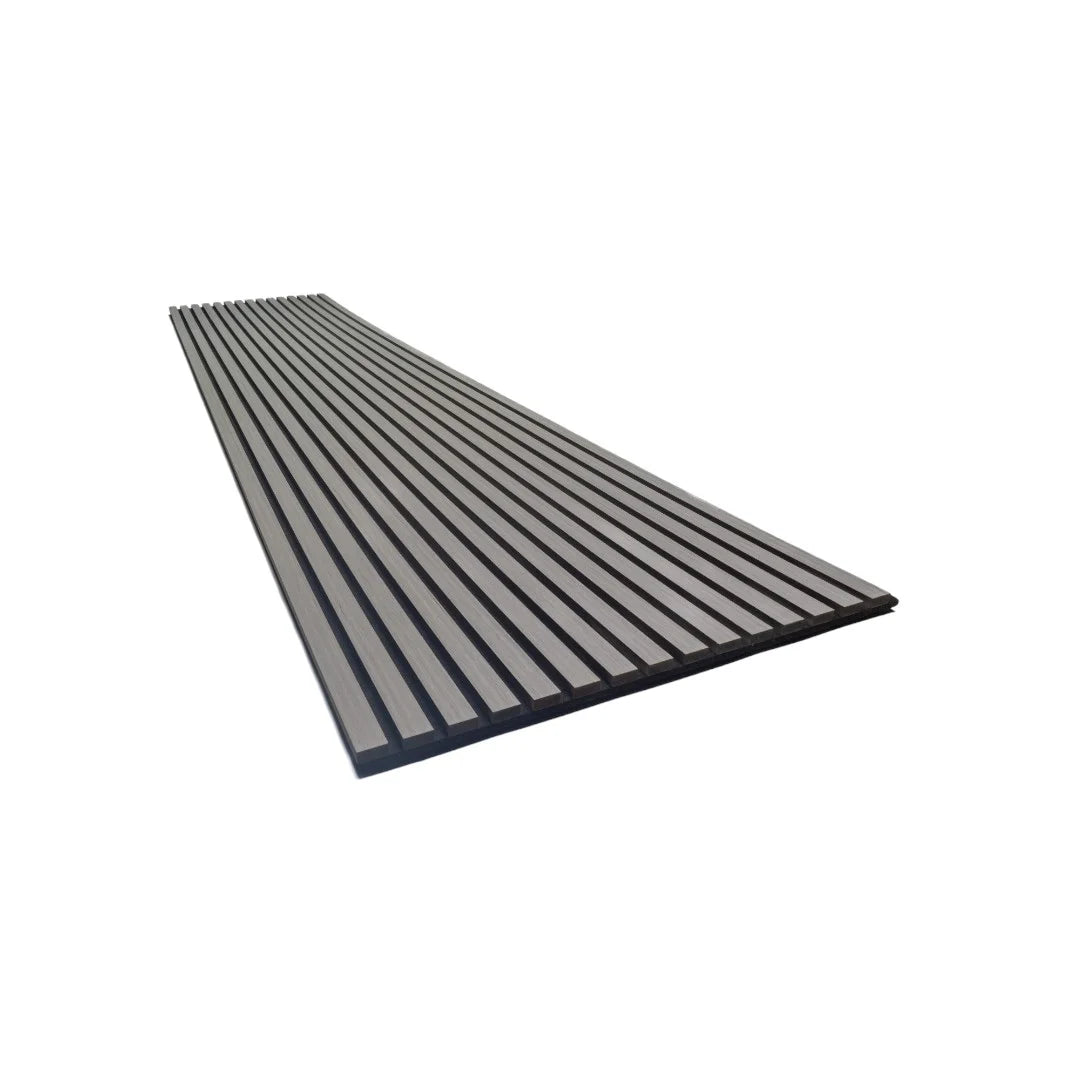 Contemporary grey oak slat acoustic wall panel for stylish and effective soundproof panels.