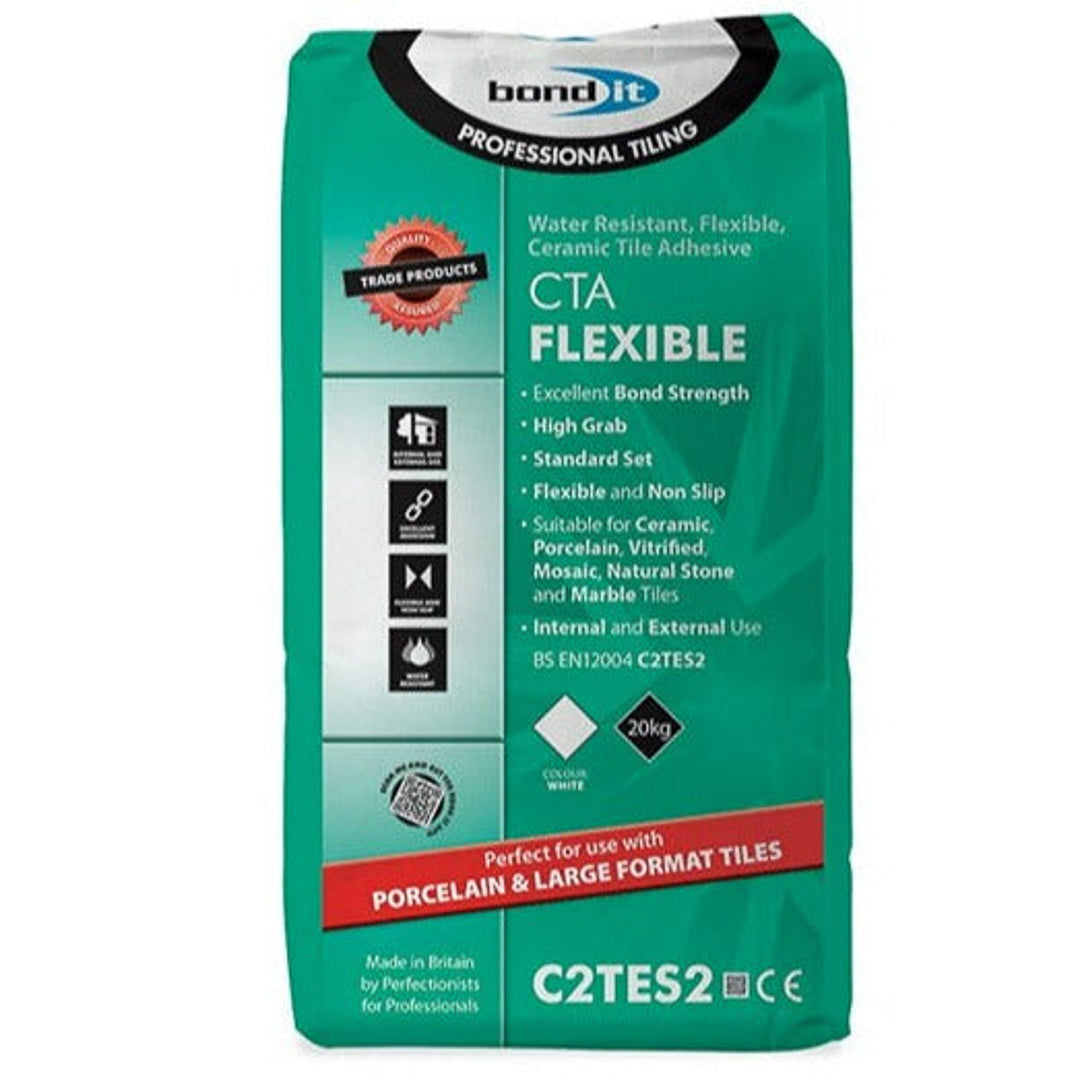 CTA white flexible tile adhesives for secure wall and floor tile installations.