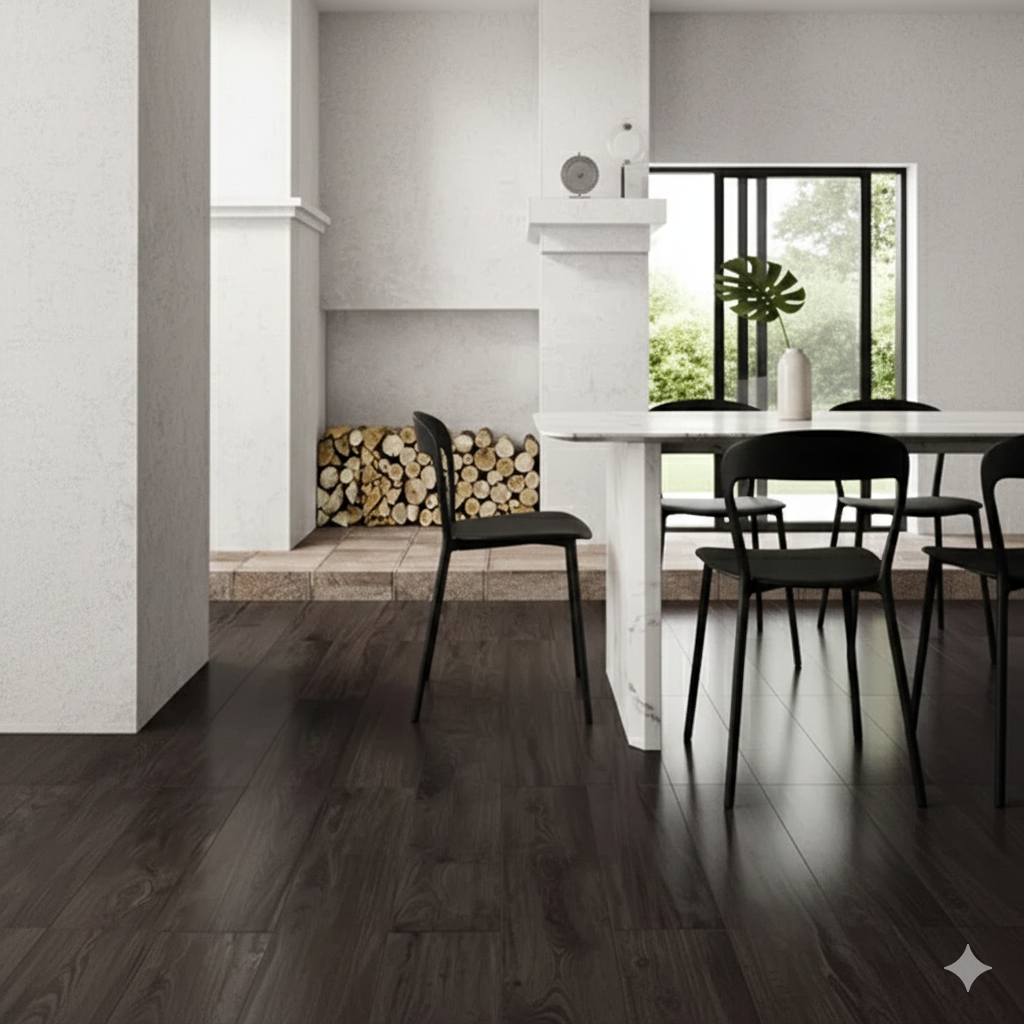 Dark brown wood effect porcelain tiles with matt finish, ideal for modern living rooms and hallways.