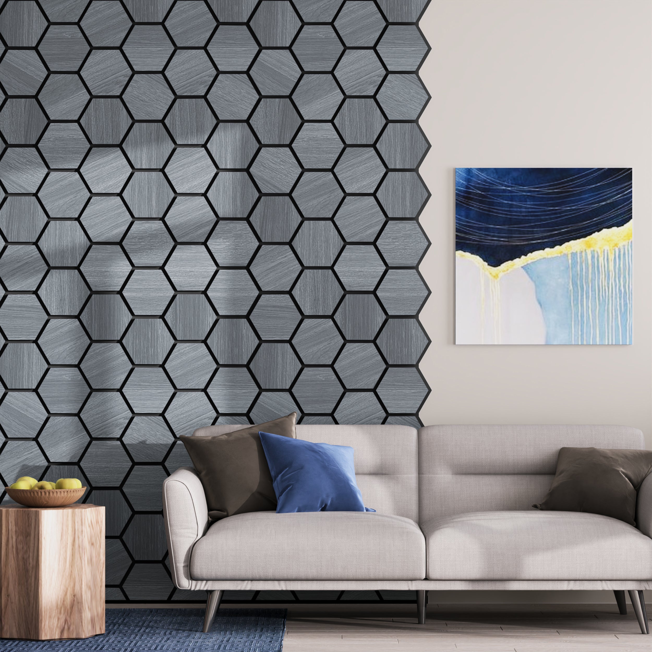 Dark grey hexagon wood panels for stylish soundproofing and modern acoustic walls.