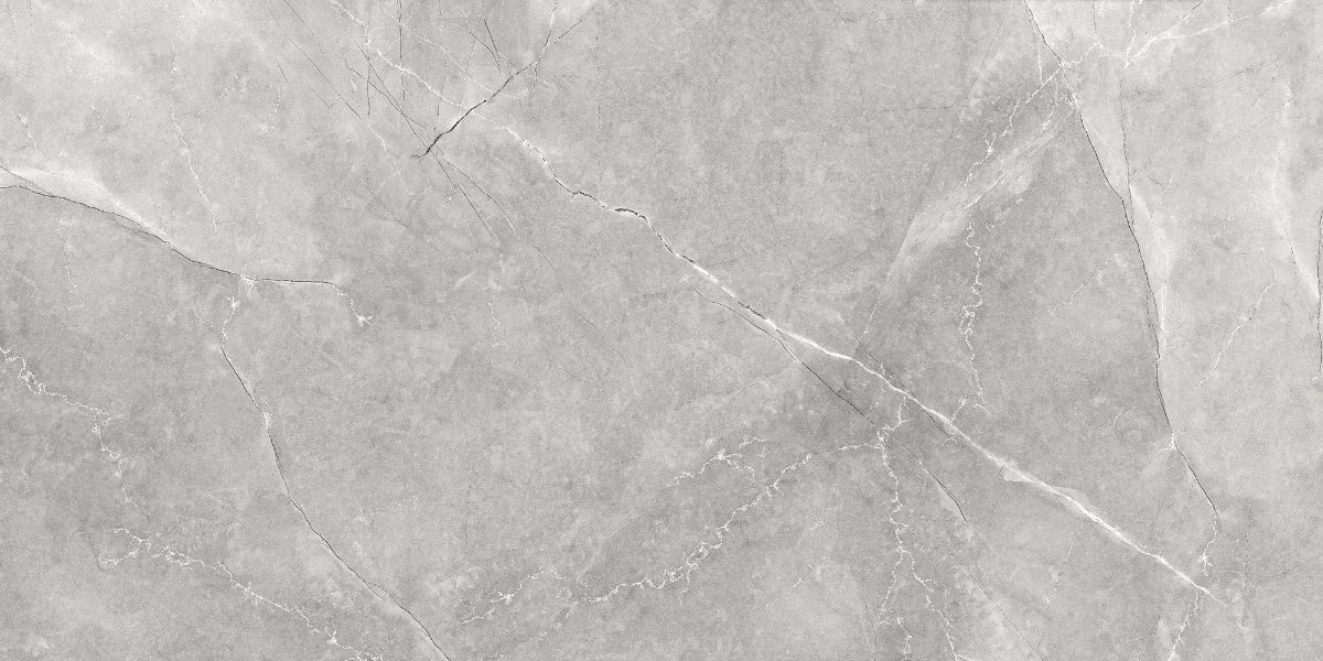 Durable glossy porcelain wall and floor tiles in soft grey stone look design