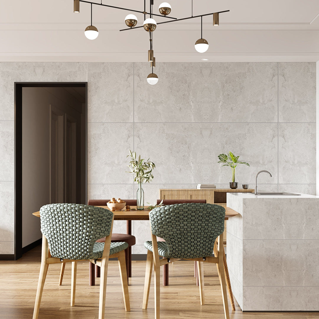 Elegant crystal and wavy grey porcelain wall tiles for modern, bright, and stylish interiors.