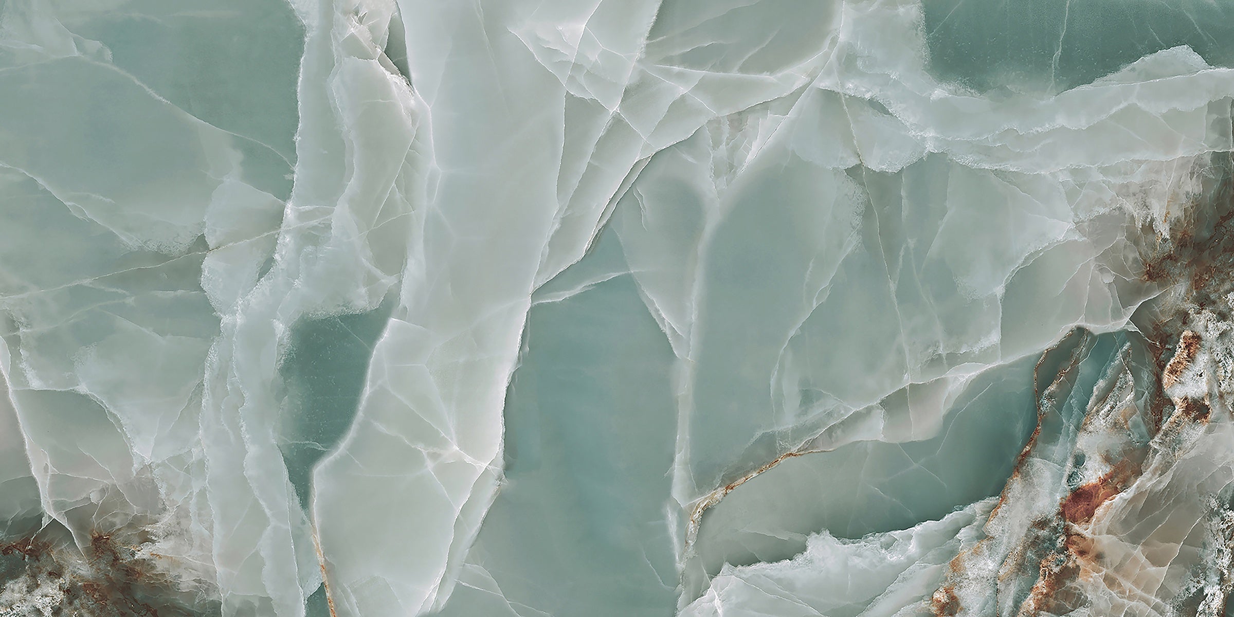 Elegant marble effect porcelain wall and floor tiles with aqua veining and reflective glossy surface for interiors