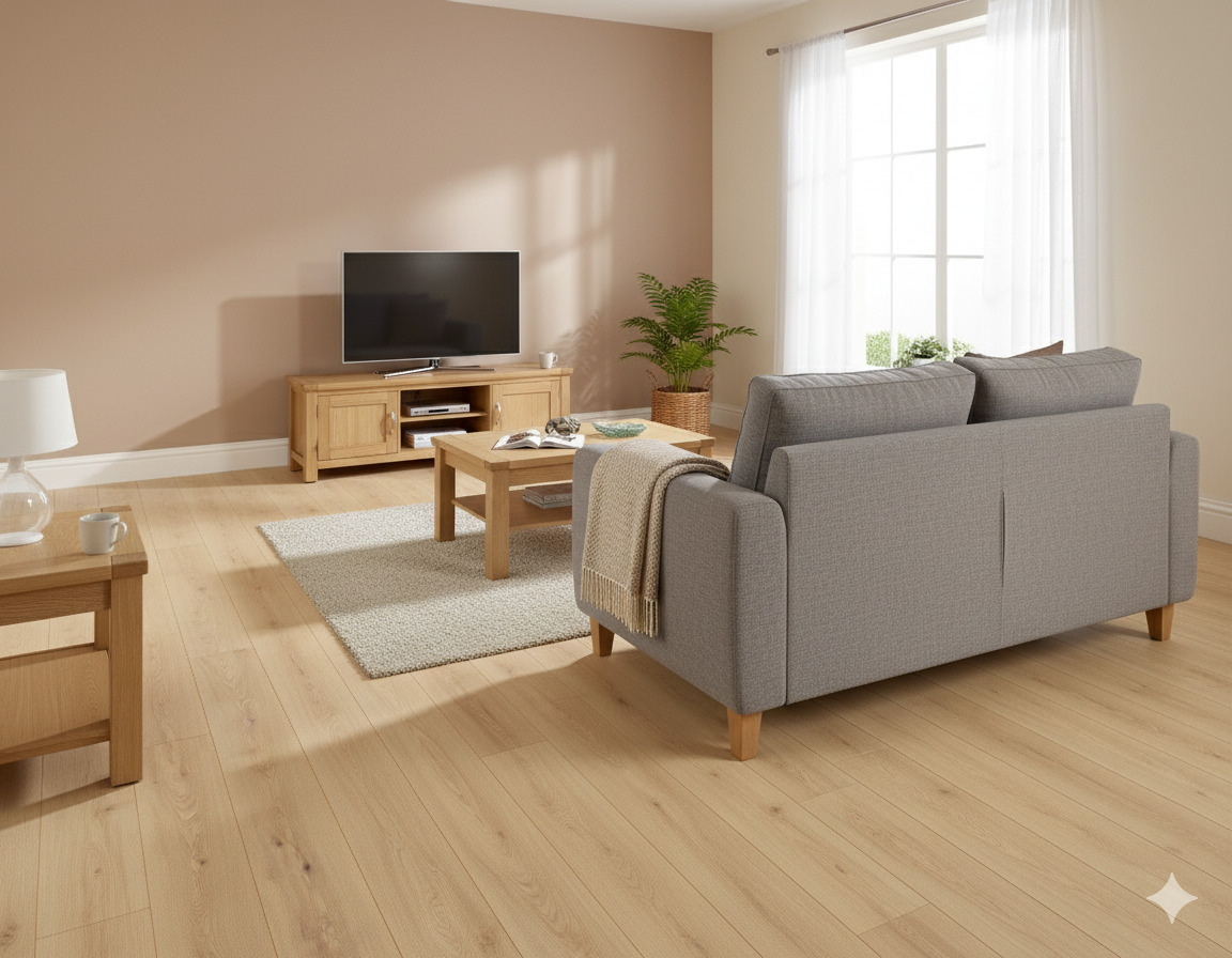 Elegant oak effect laminate flooring with superior sound insulation for high quality laminate flooring.