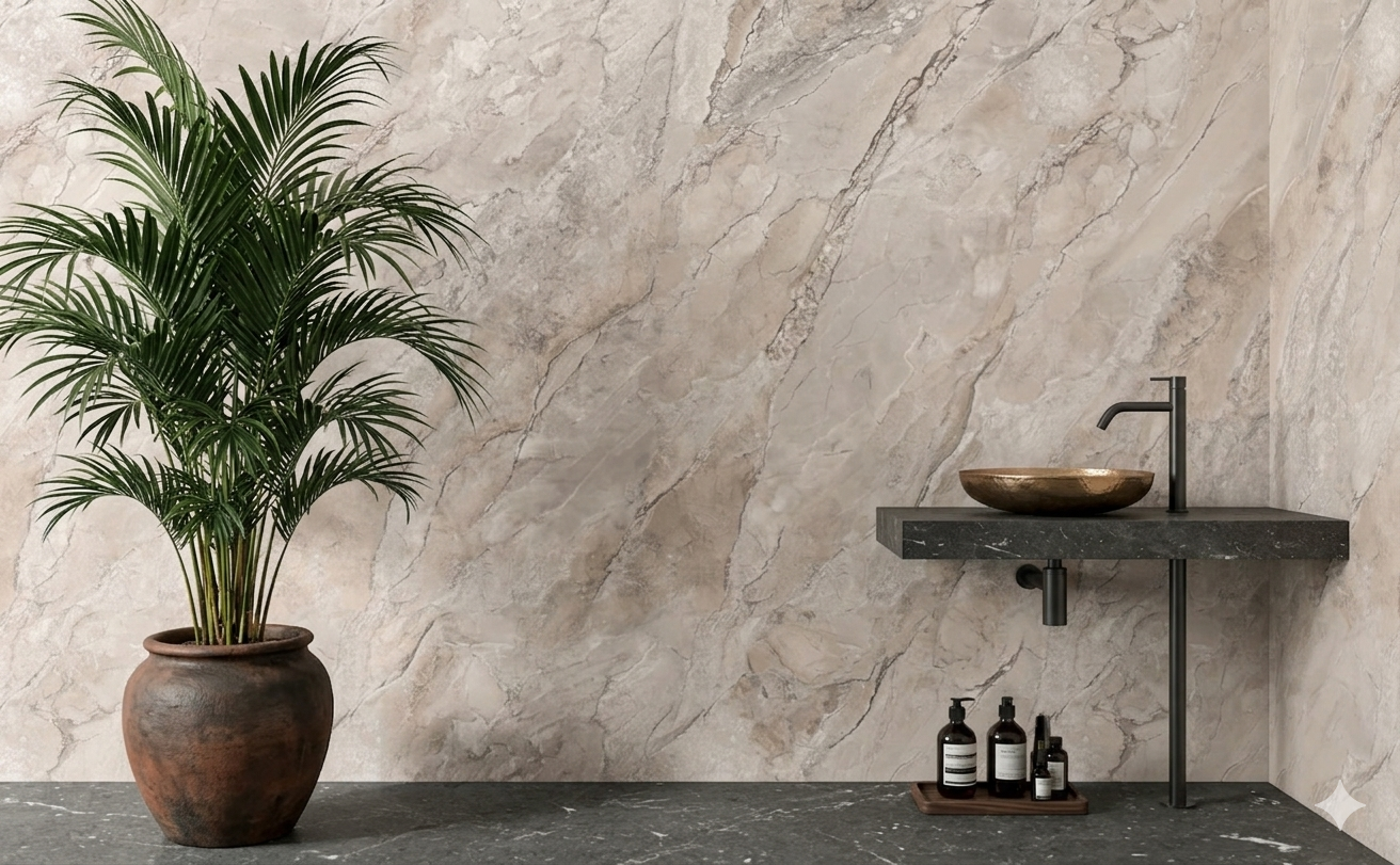 Endless beige porcelain wall and floor tiles with carved marble effect for elegant interiors.