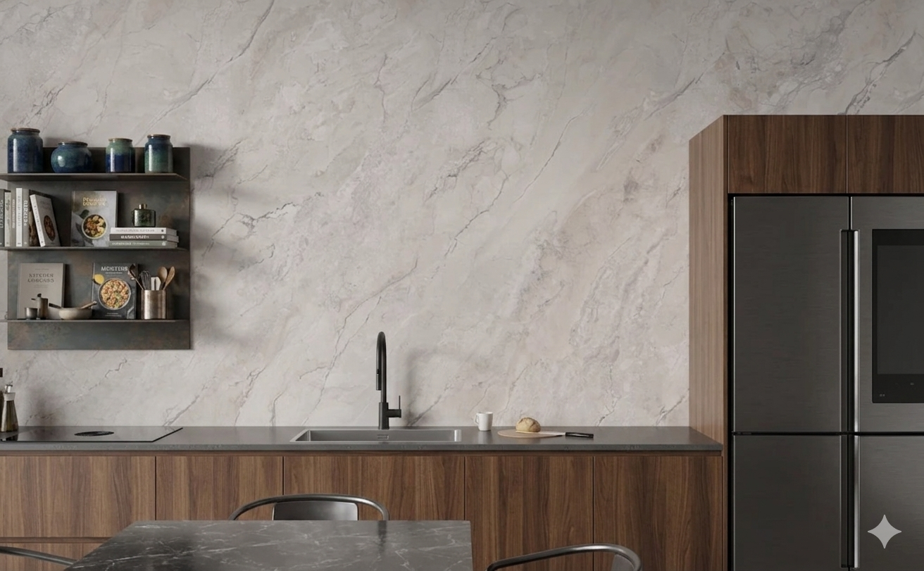 Endless beige porcelain wall and floor tiles with marble effect and carved texture for luxury interiors.