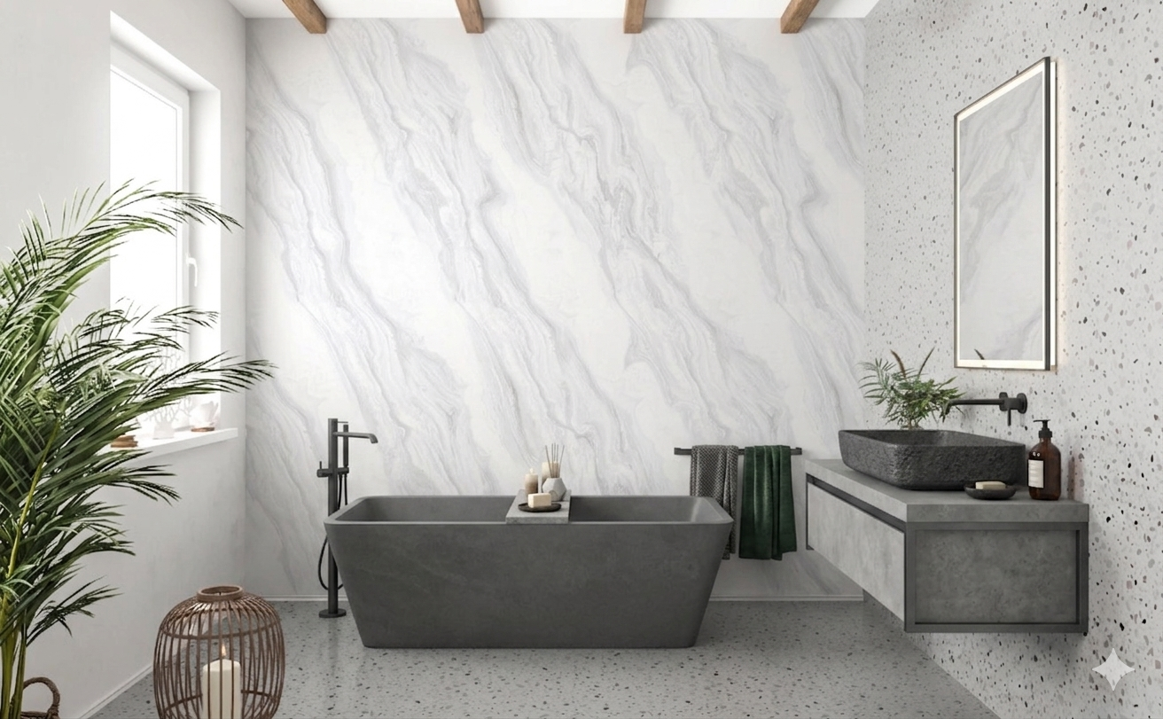 Endless carved white porcelain wall and floor tiles for bright modern interiors.