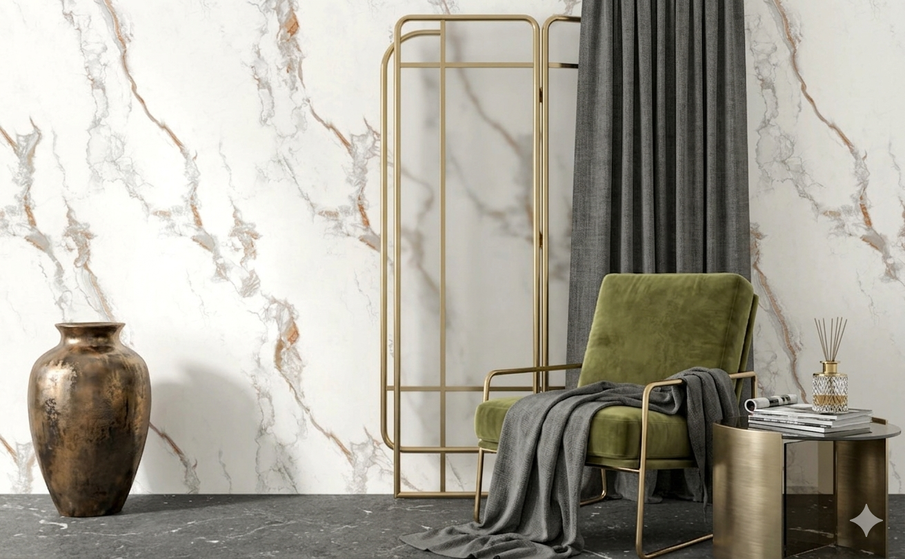 Endless porcelain wall and floor tiles with white marble effect for modern luxury interiors.