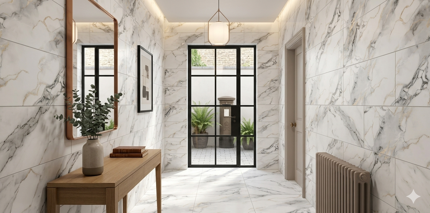 Endless white marble effect porcelain wall and floor tiles with a carved finish for elegant interiors.