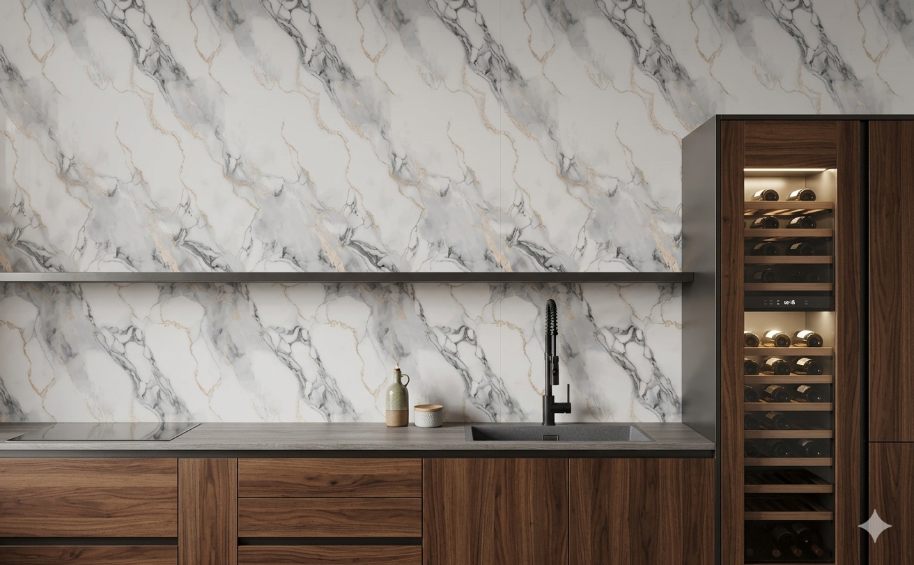 Endless white porcelain wall and floor tiles with carved marble effect for luxury interiors.