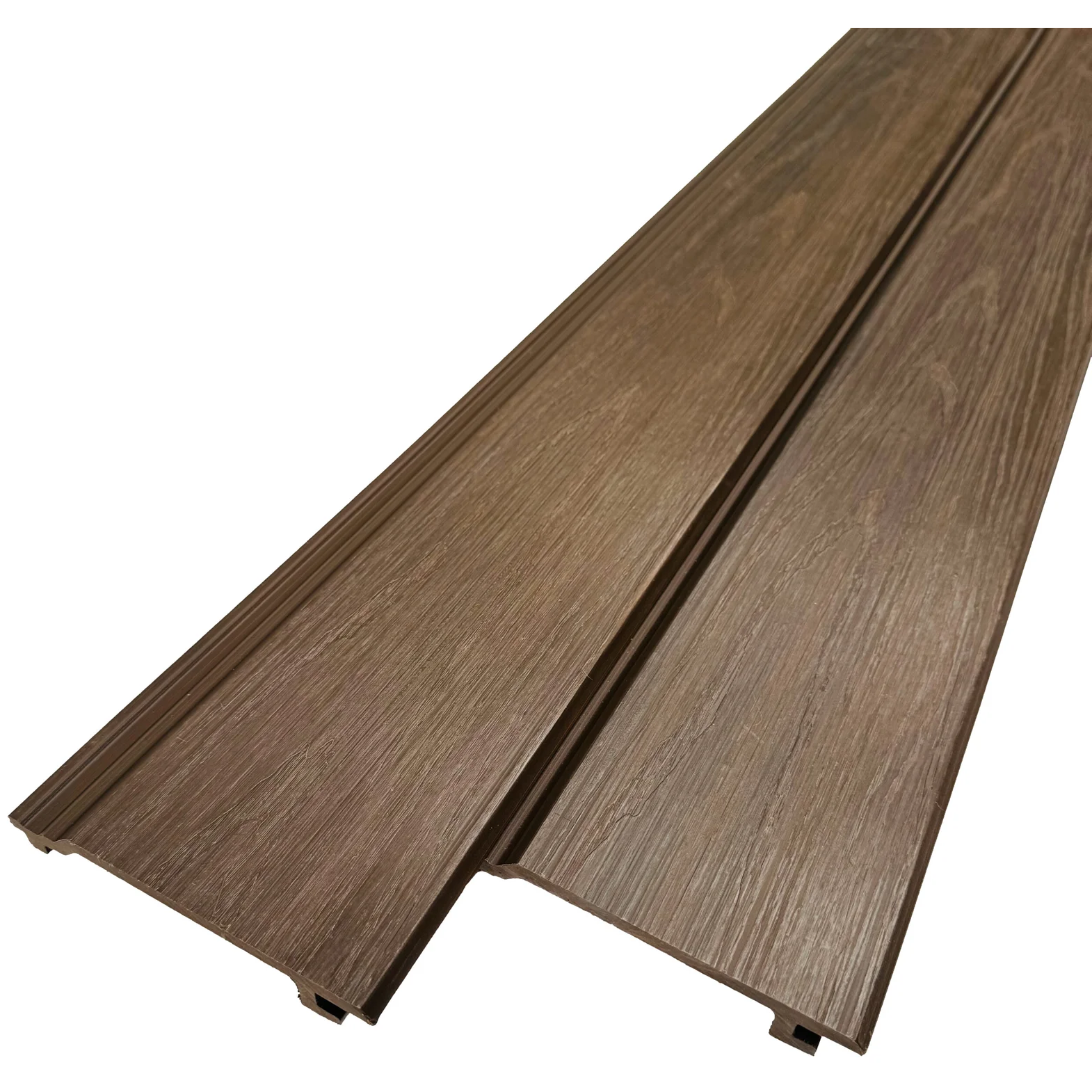 Exterior Wall Cladding with rich walnut woodgrain, easy-to-install composite panels for feature walls.