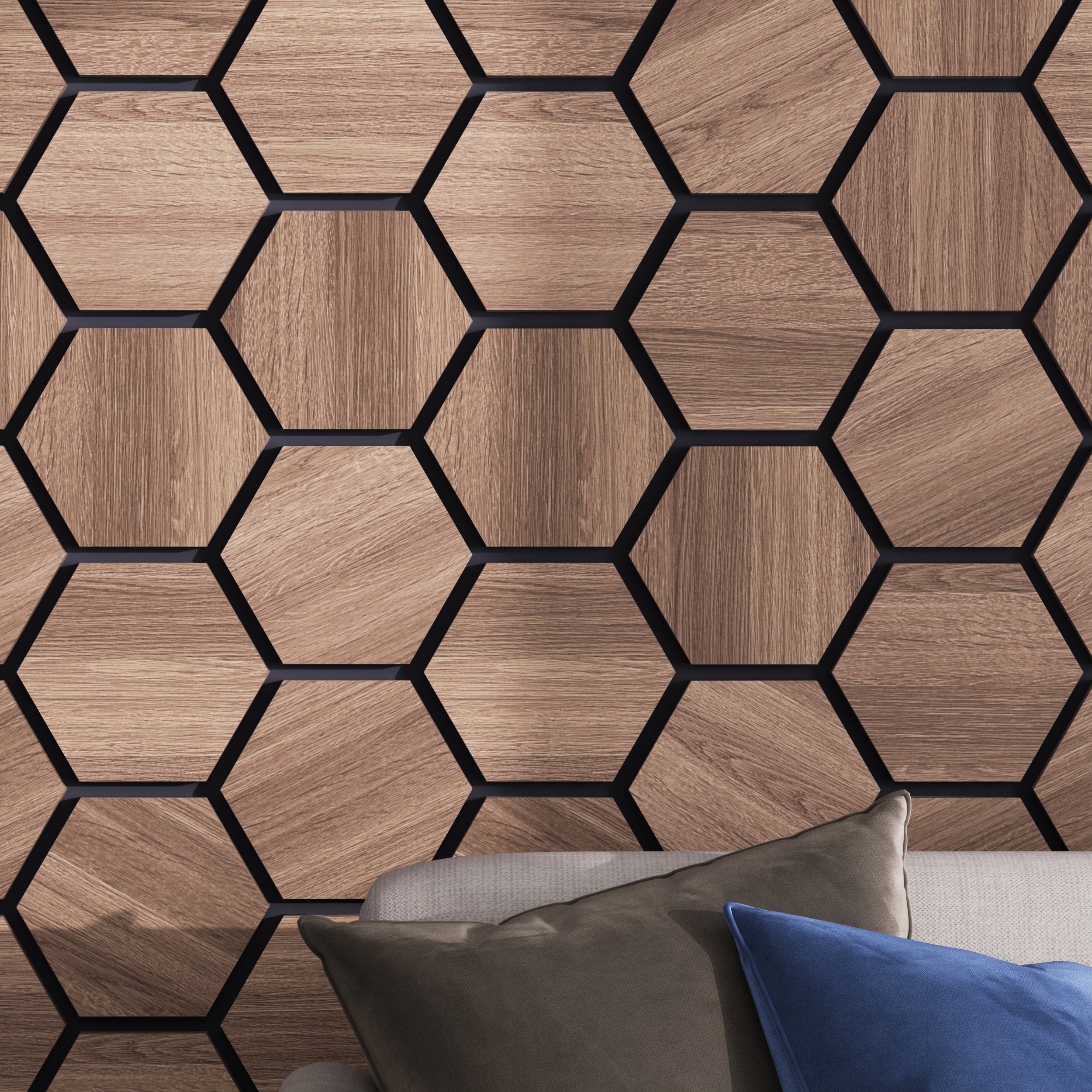Felt-backed hexagon wood panels to reduce echo and enhance room acoustics elegantly.