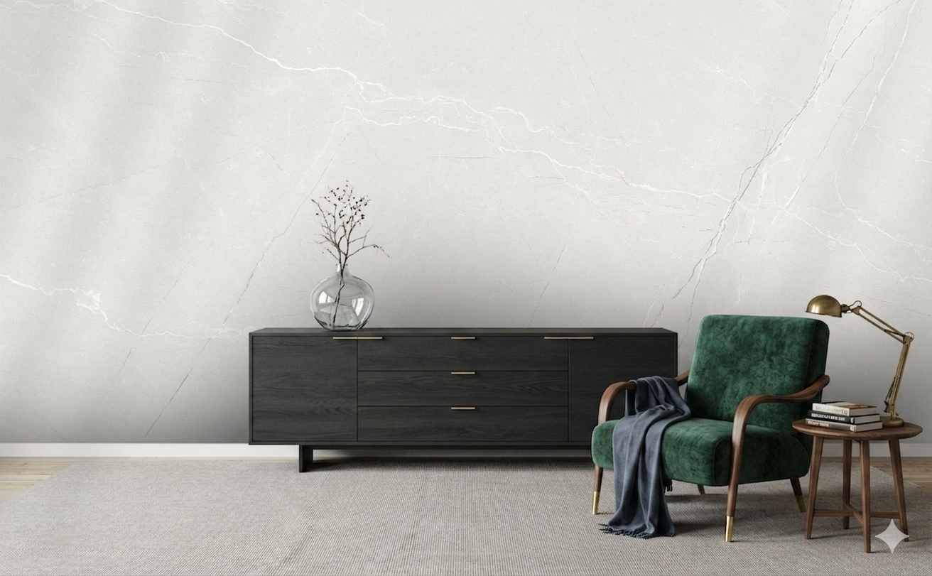 Fine Argenta Bianco porcelain wall and floor tiles with white marble effect for modern interiors.