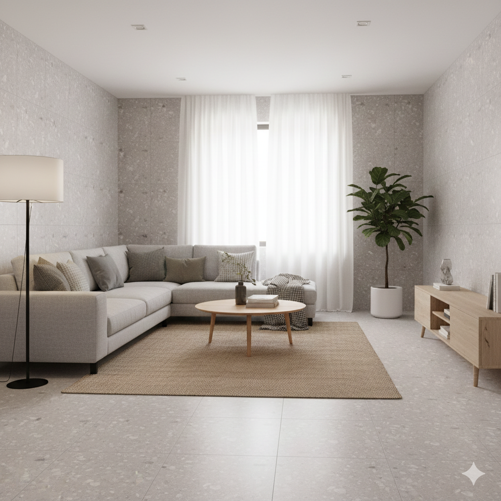 Fleck Gris matt grey porcelain wall and floor tiles with smooth finish for modern interiors.
