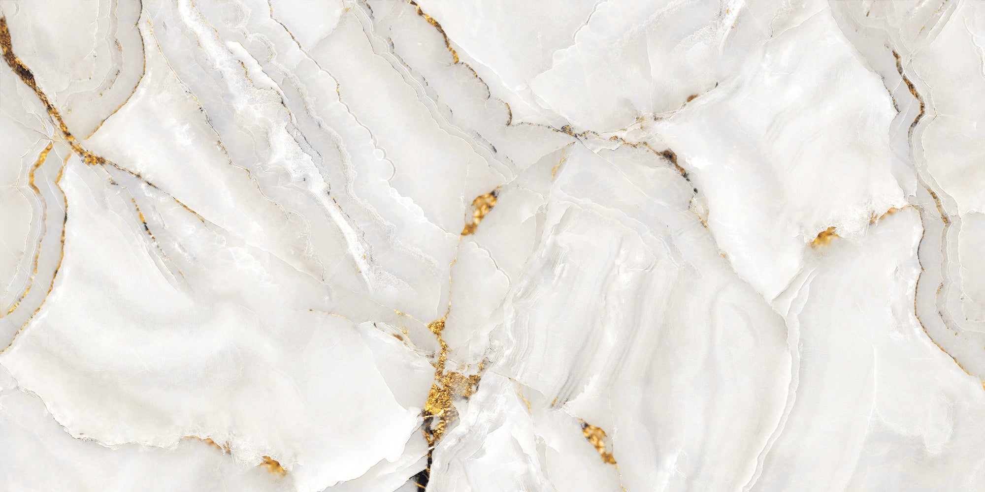 Glossy porcelain wall and floor tiles with Alina Gold marble effect for luxury interiors.