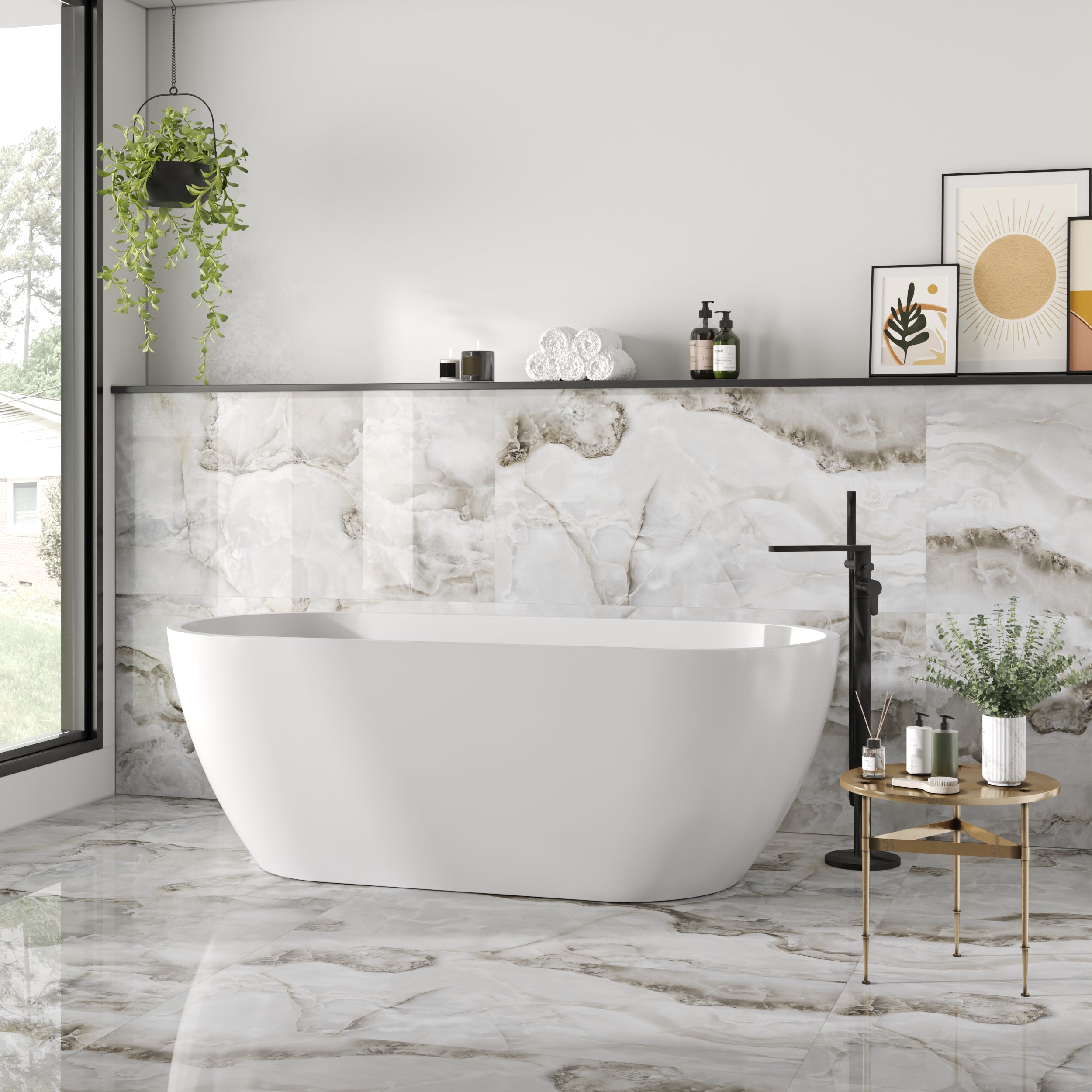 Glossy Astrus Porcelain Wall And Floor Tiles in dark grey and white marble effect