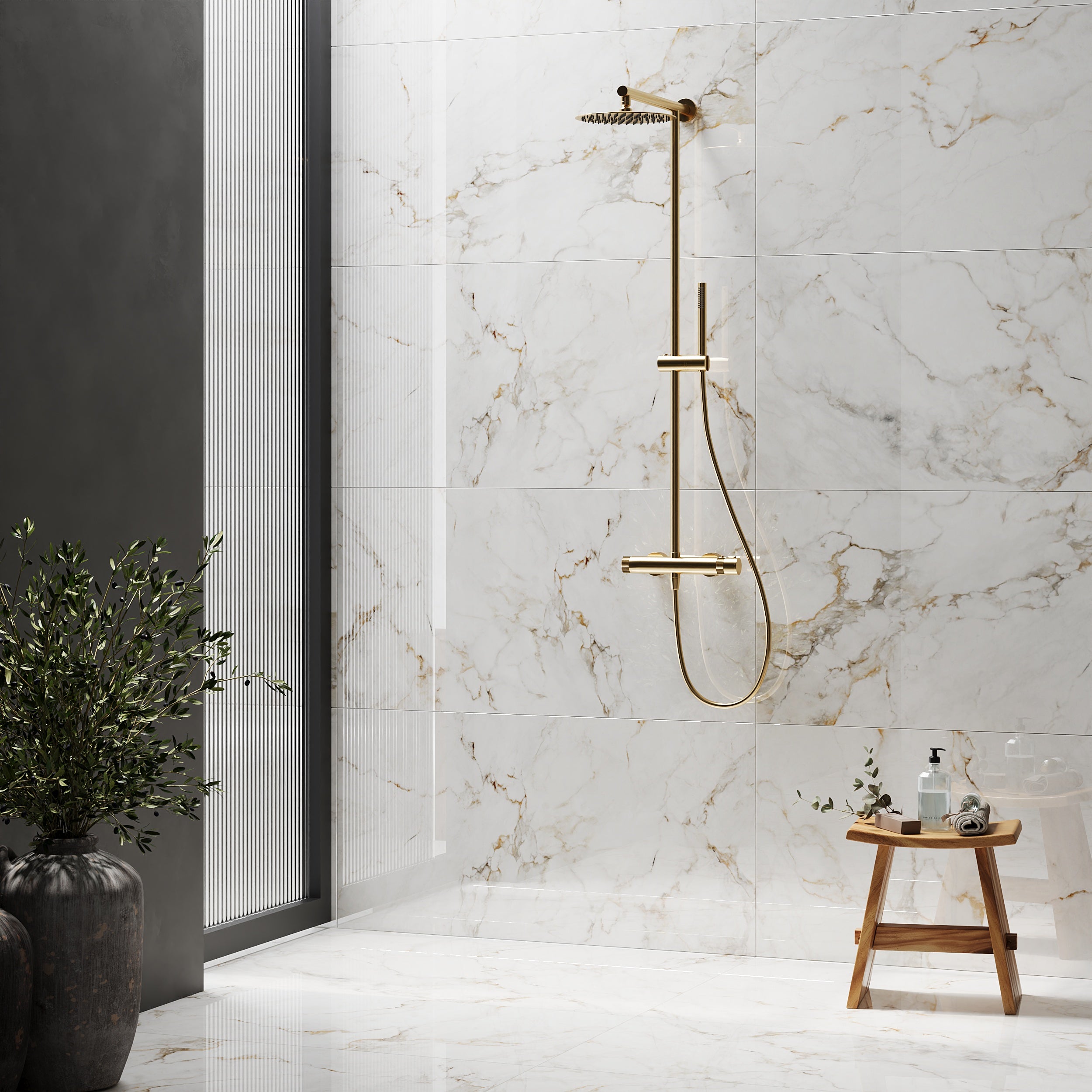Glossy gold veined floor tiles creating a premium and reflective interior look