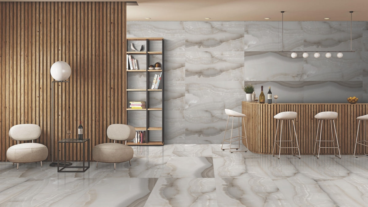 Glossy onyx effect Porcelain Wall And Floor Tiles adding warmth to interiors