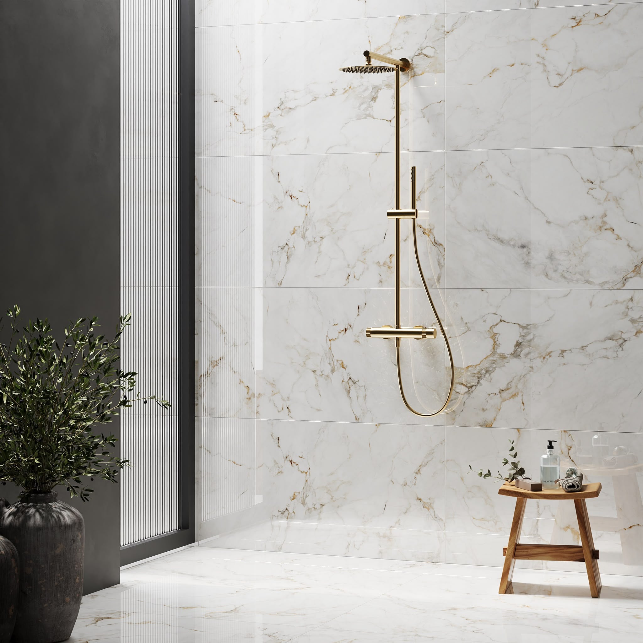 Glossy porcelain wall and floor tiles with elegant gold veining for luxury interior spaces