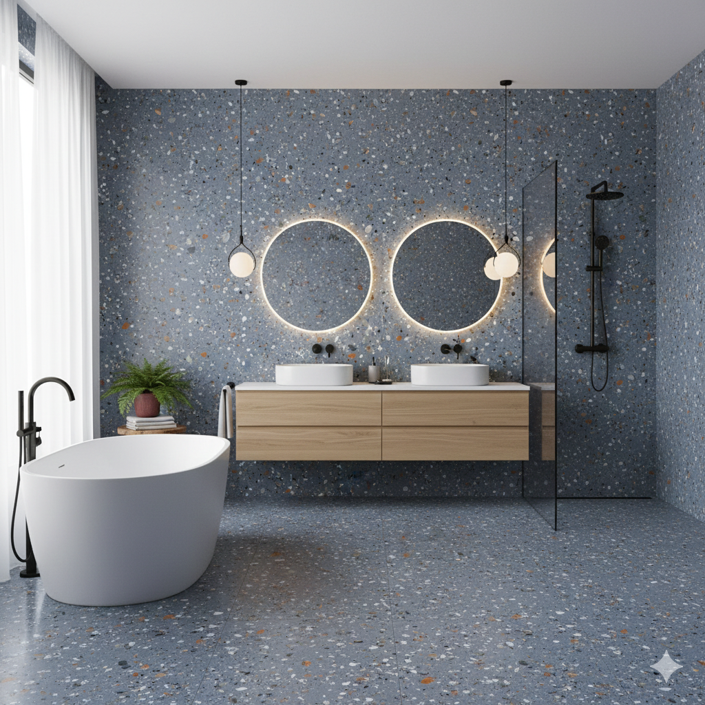 Gobi Blue matt porcelain wall and floor tiles with terrazzo effect and vibrant blue tones.