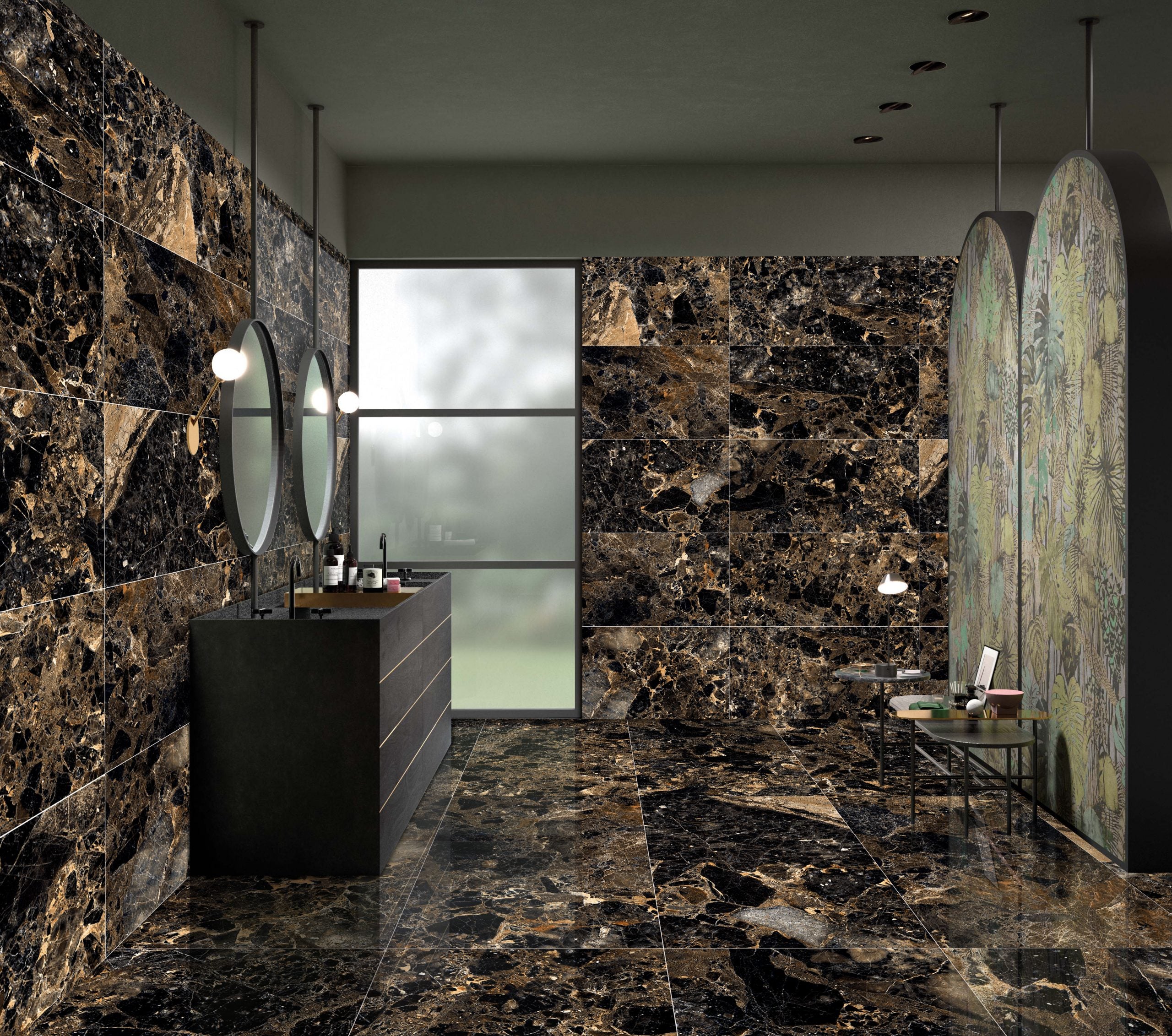 Gold and black polished marble effect porcelain tiles with rectified edges for walls and floors