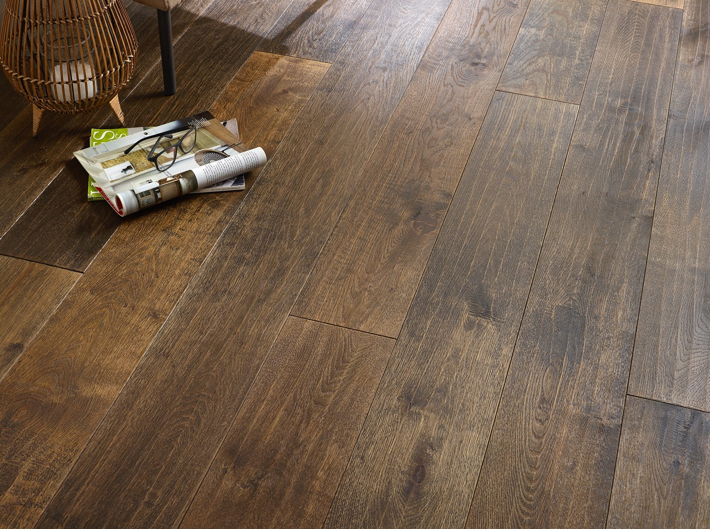 Golden dark edge hard wax oiled engineered wood panel flooring with natural oak grain and porcelain wall and floor tiles