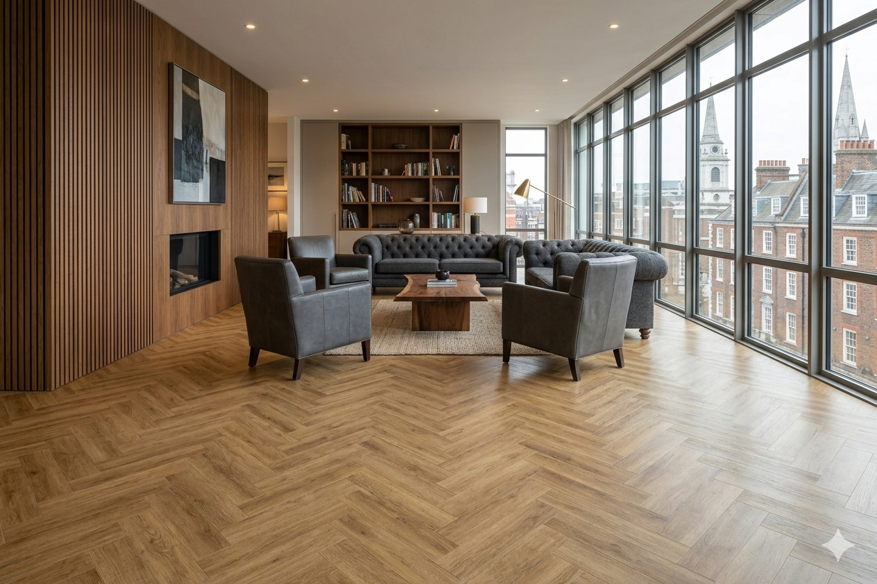 Golden Honey Oak herringbone LVT SPC Flooring with realistic wood effect and durable matt finish