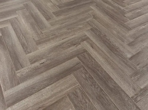 Grey block herringbone laminate parquet flooring AC5 with porcelain wall and floor tiles