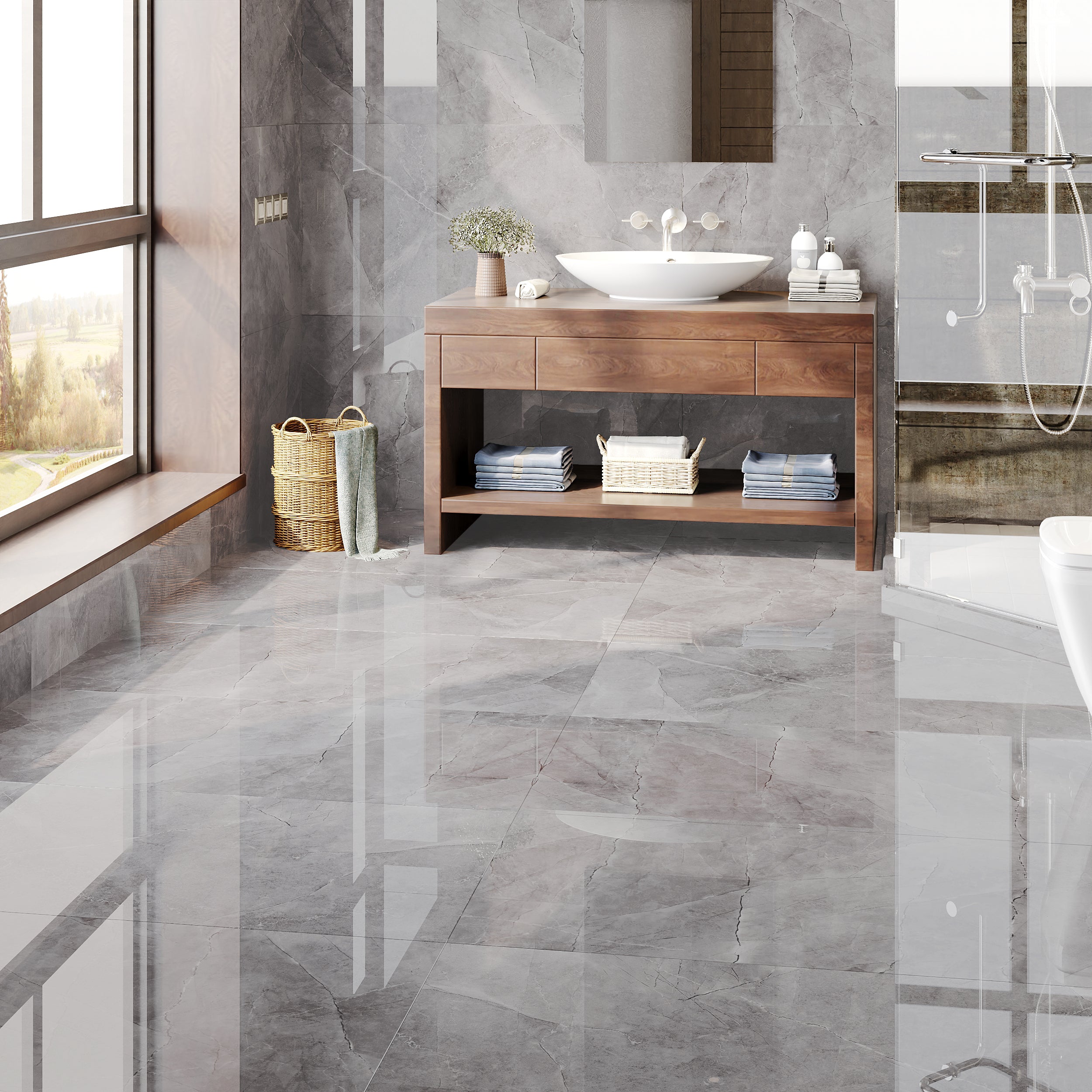 Luxury grey glossy porcelain wall and floor tiles with stone effect for contemporary homes.