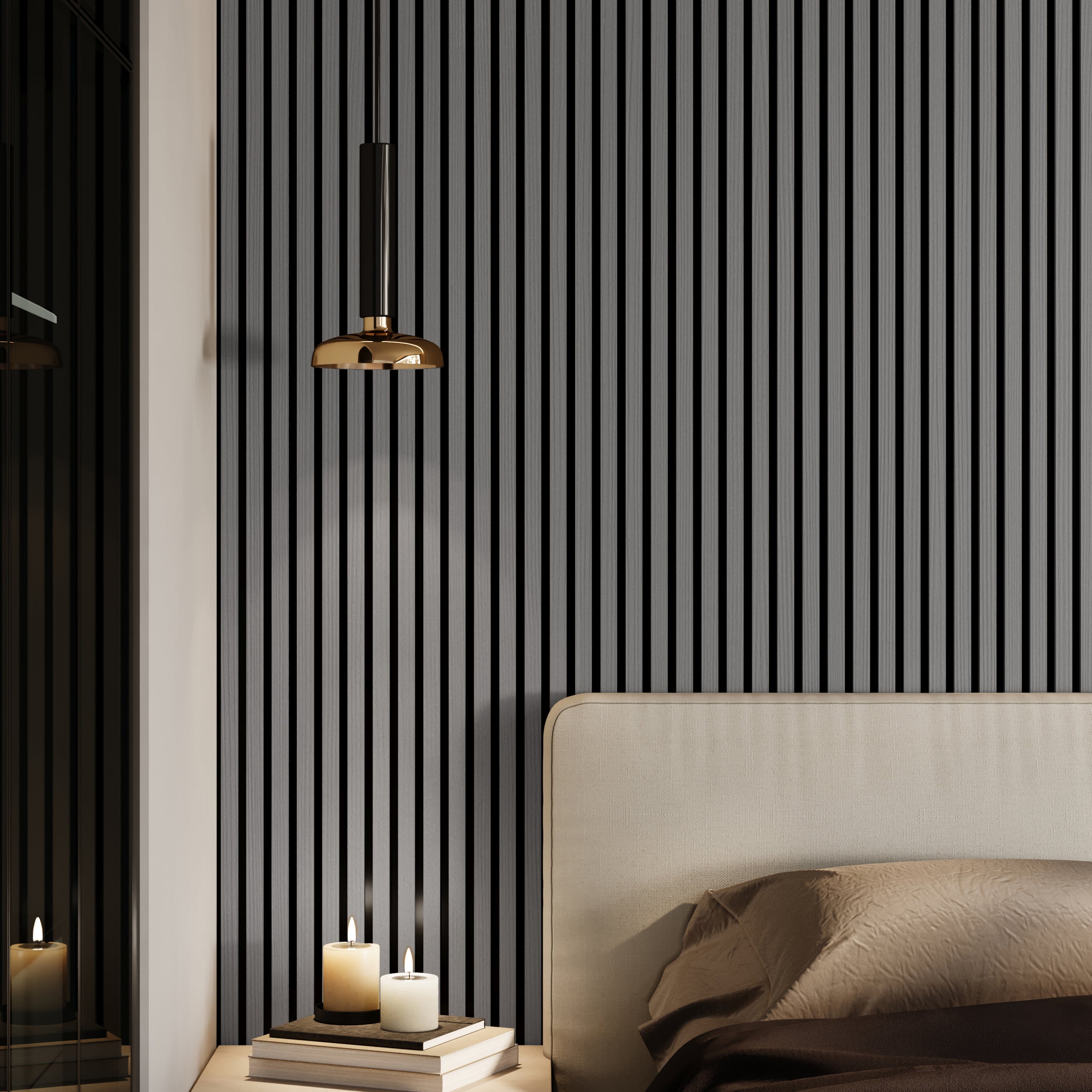 Grey Oak wood slat premium acoustic wall panels for sound absorption in homes, offices, and studios.