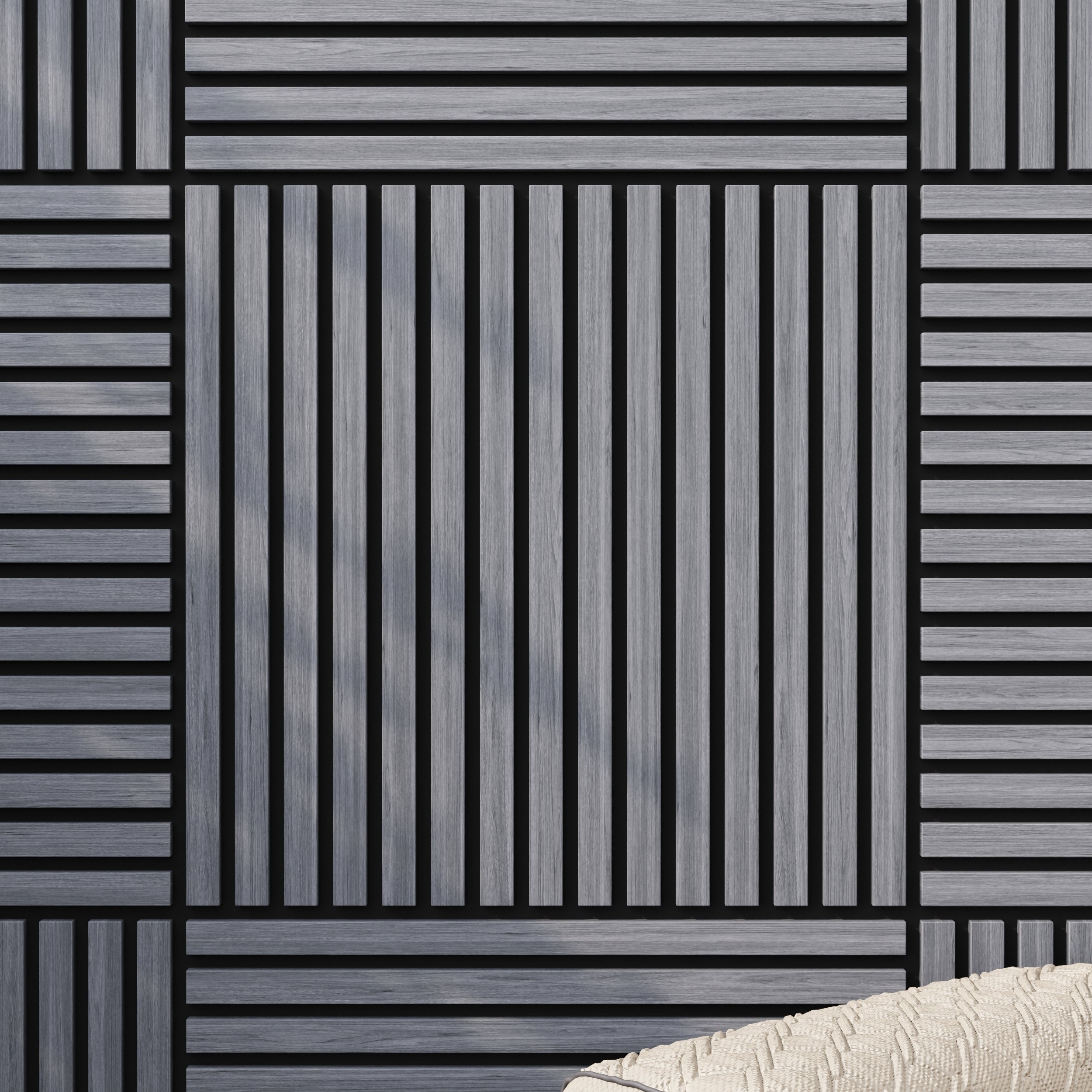 Grey oak wood-grain sound absorbing wall panels for home and office spaces, Acoustic Boards 60x60.