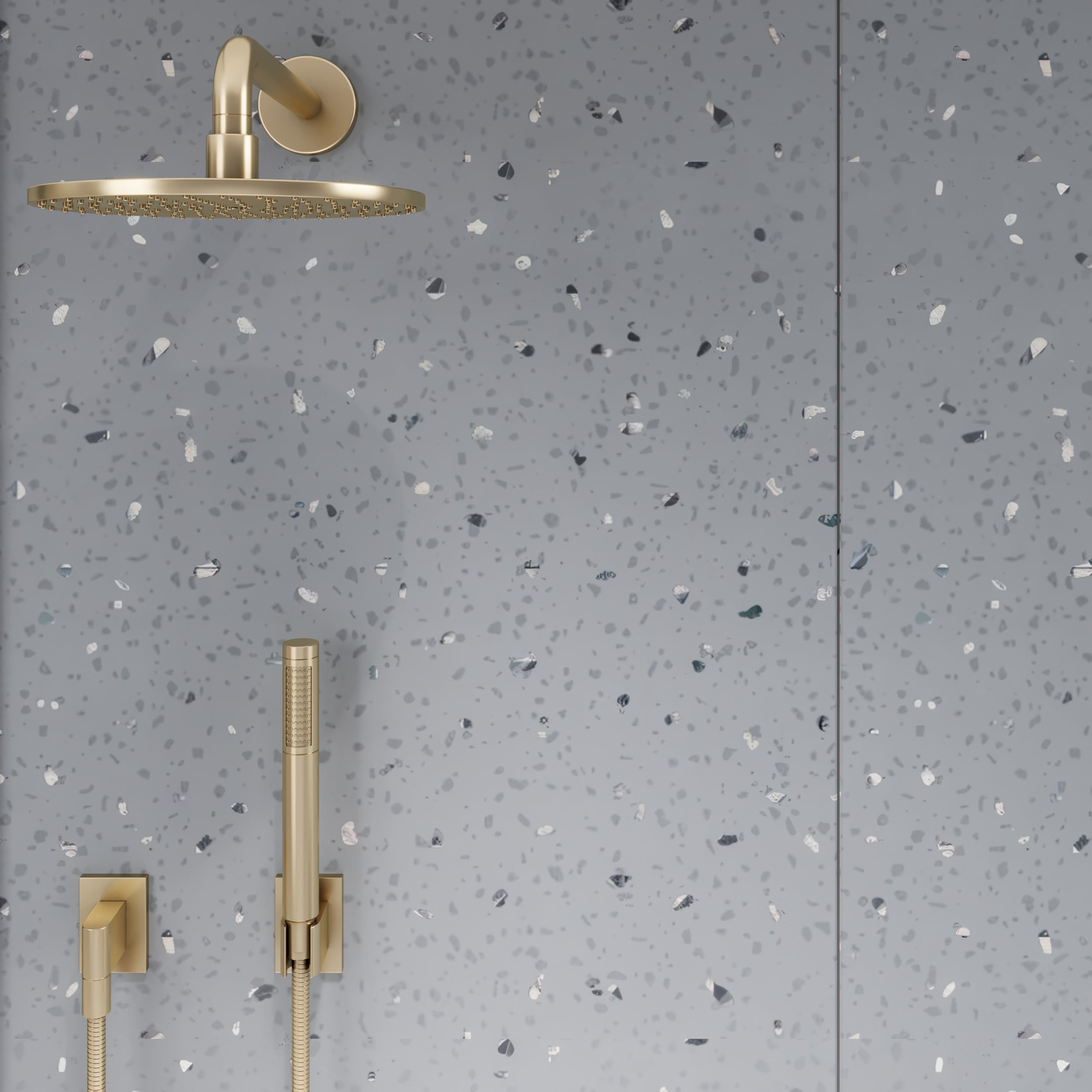 Modern grey sparkle PVC panels for bathroom wall panels and porcelain wall and floor tiles look.