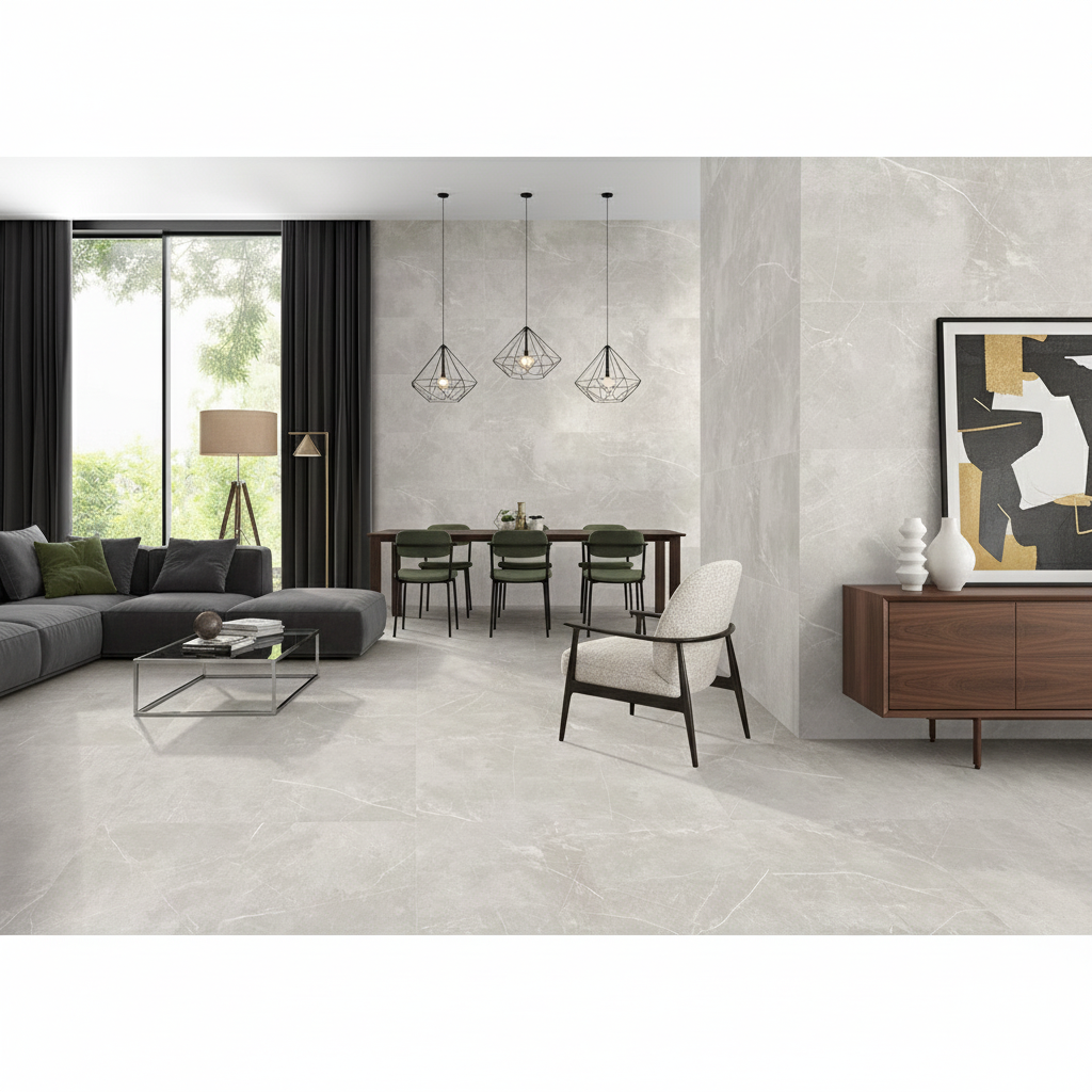 Grey Stone Effect Porcelain Wall And Floor Tiles in Status Perla matt finish