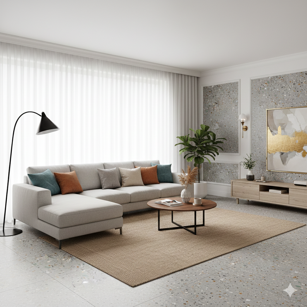 Grey terrazzo-effect ceramic wall and floor tiles with matt finish for contemporary interiors.
