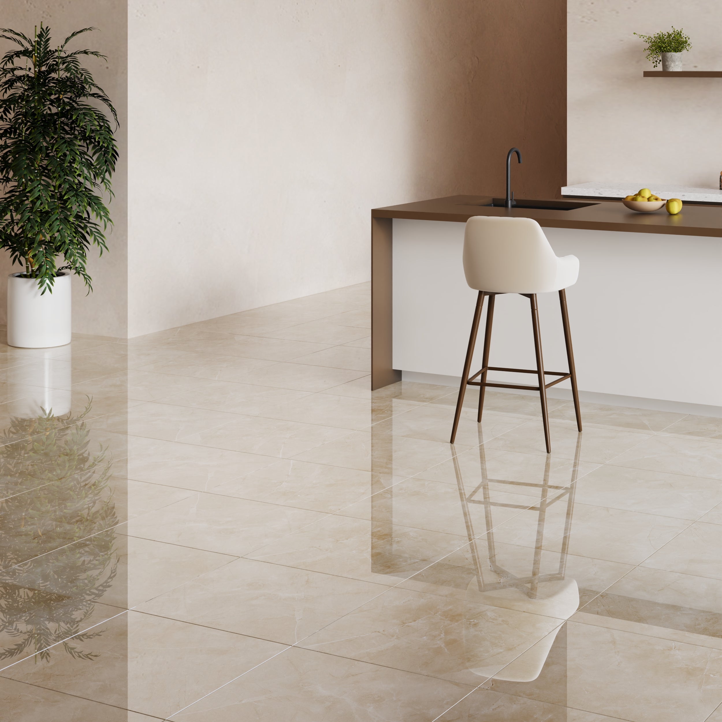 Hampton Cream polished rectified porcelain tiles with glossy finish for modern floors and walls.