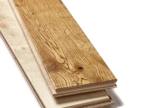 Herringbone oak wood flooring with 4mm PEFC-certified top layer, resistant to warping and daily wear.