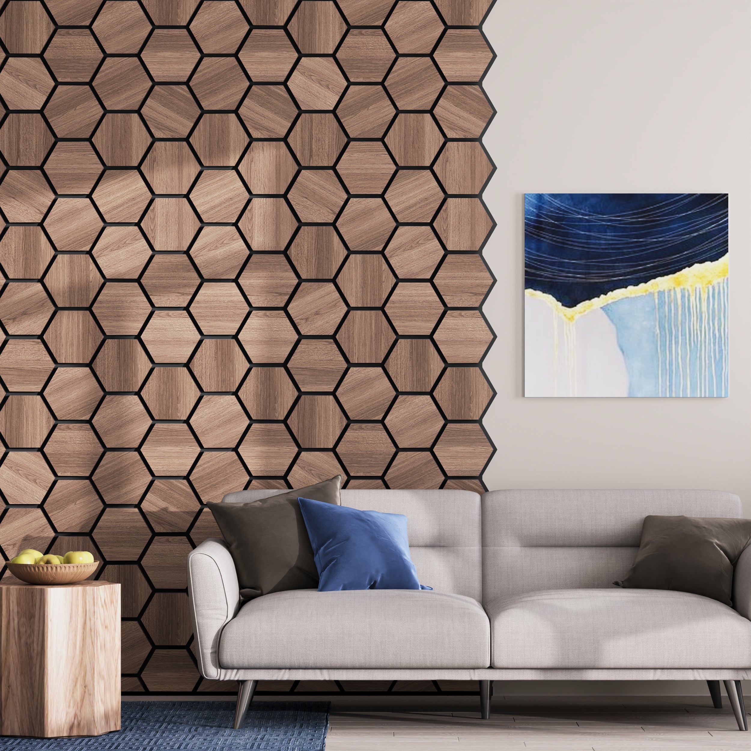 Hexagon bronze oak wood panels for stylish soundproofing and acoustic wall design.