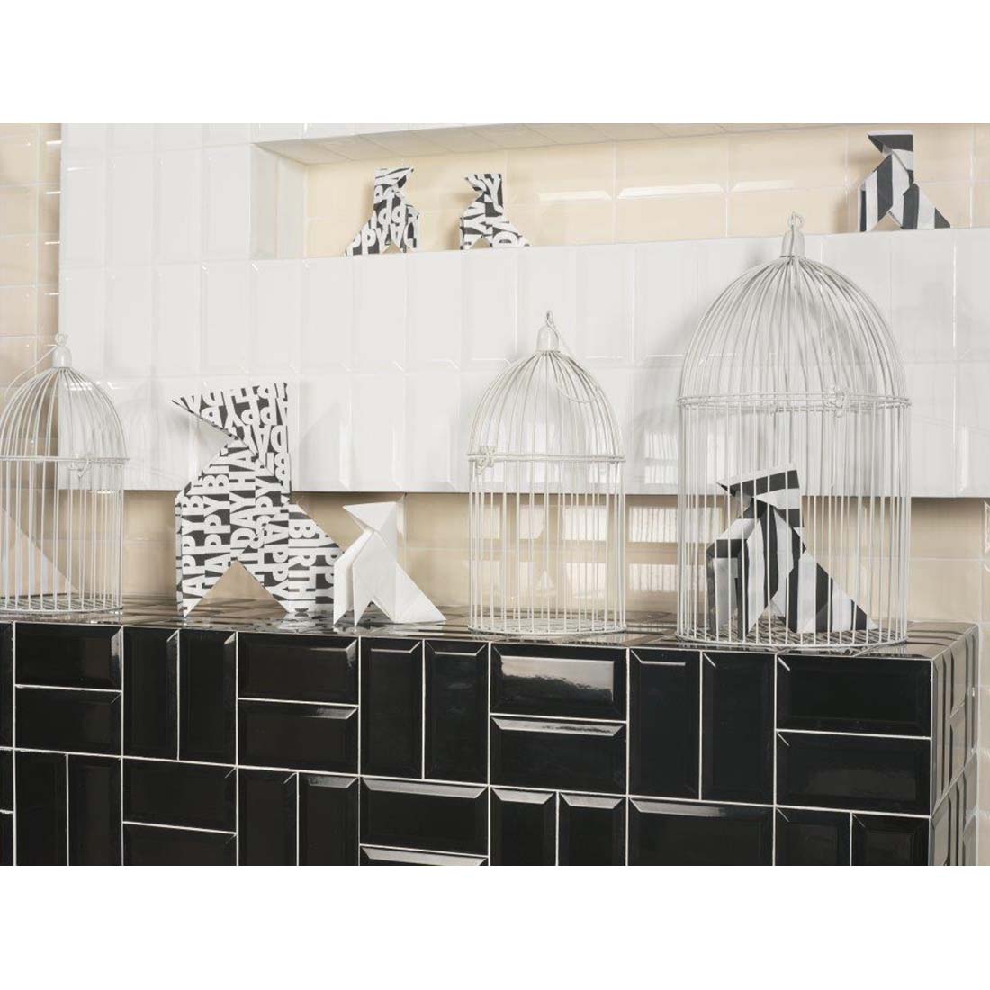 High gloss black porcelain wall and floor tiles with sleek bevelled edges
