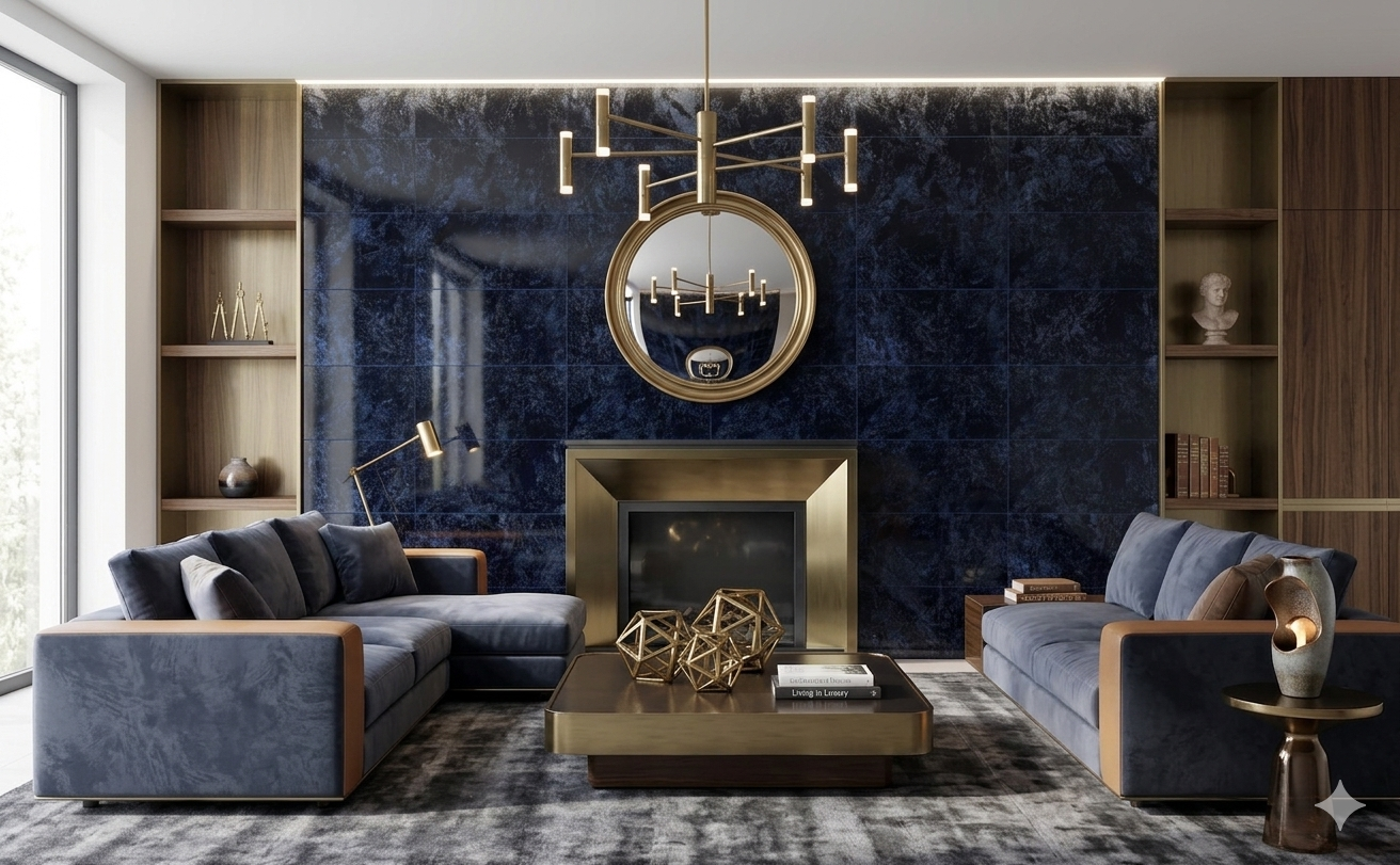 High gloss porcelain wall and floor tiles in rich navy blue for modern spaces.