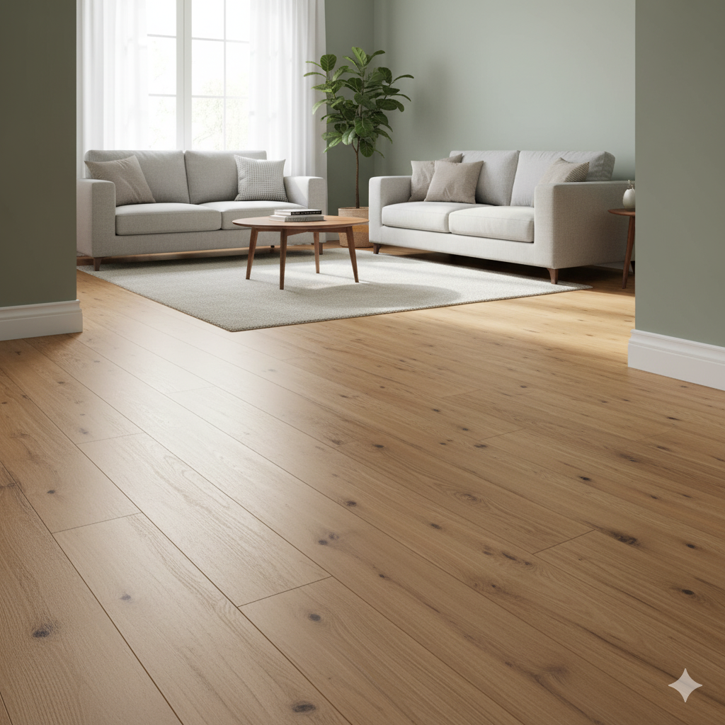 High Quality Laminate Flooring featuring grain-textured oak surface, Madrid laminate for homes.