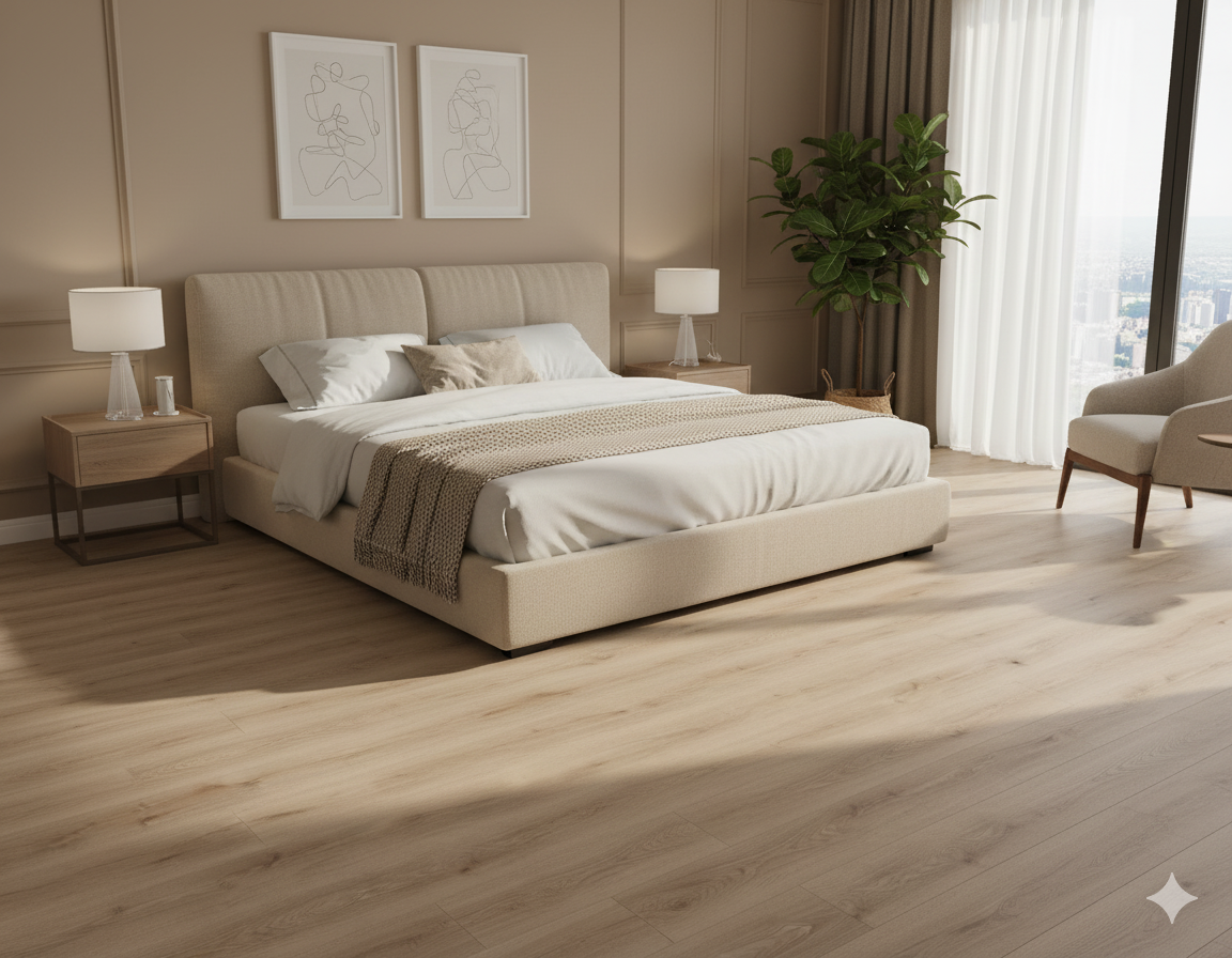 High Quality Laminate Flooring featuring realistic oak texture, Vortex Almeria for elegant rooms.