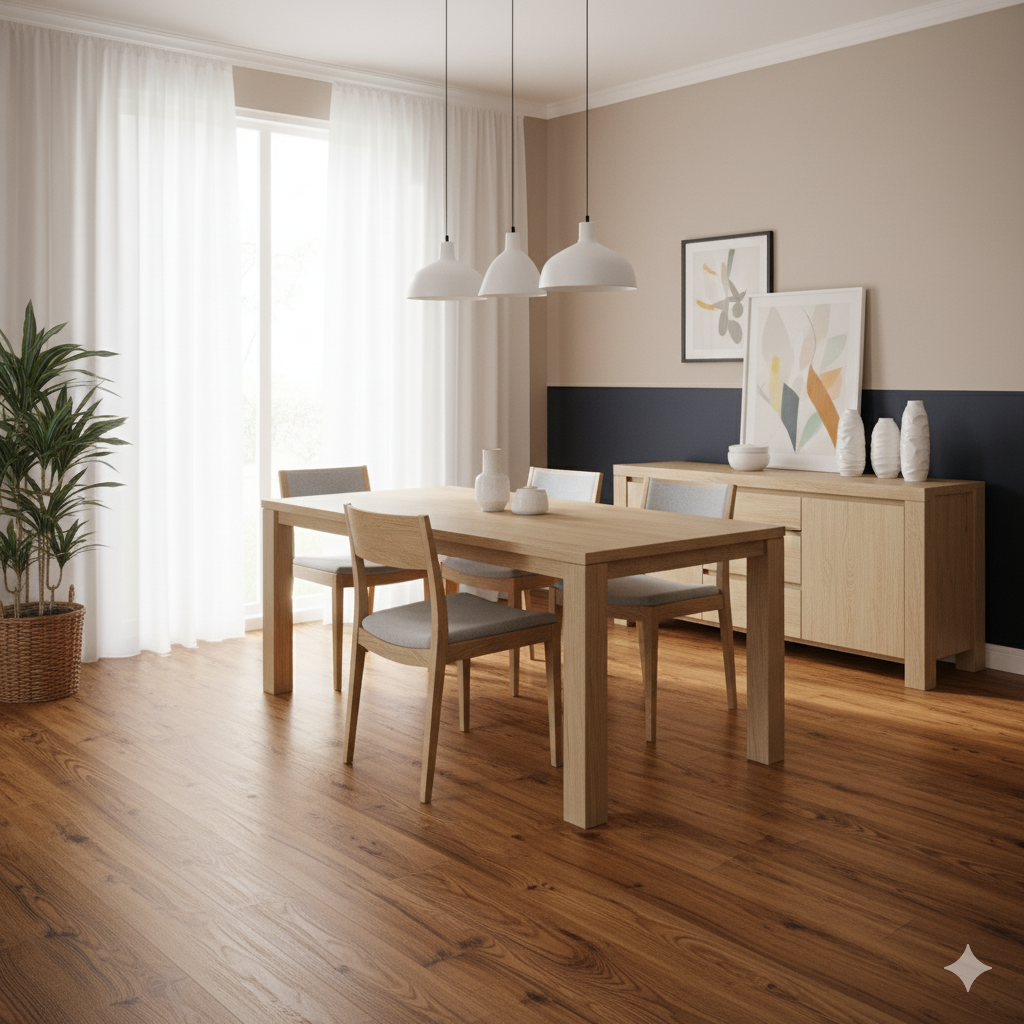 High Quality Laminate Flooring with scratch-resistant oak finish in Vortex ER Seville modern interior design.