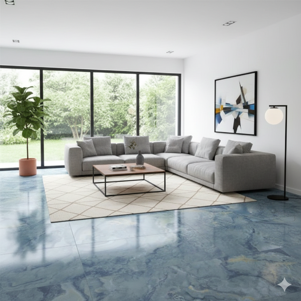 Koni Polished Blue Porcelain Wall And Floor Tiles with elegant marble effect and creamy blue tones.