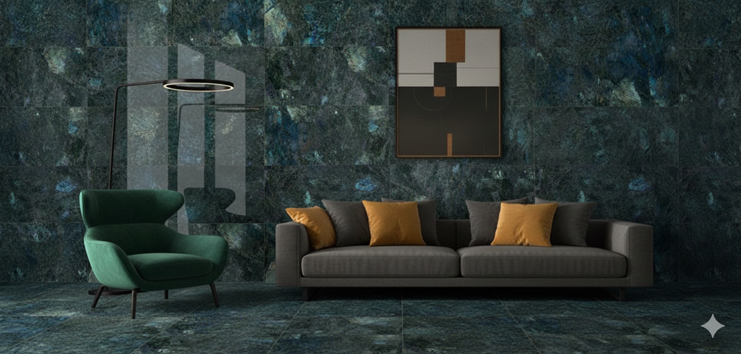 Labradorite Blue Polished Porcelain Wall And Floor Tiles with vibrant marble effect and glossy finish.